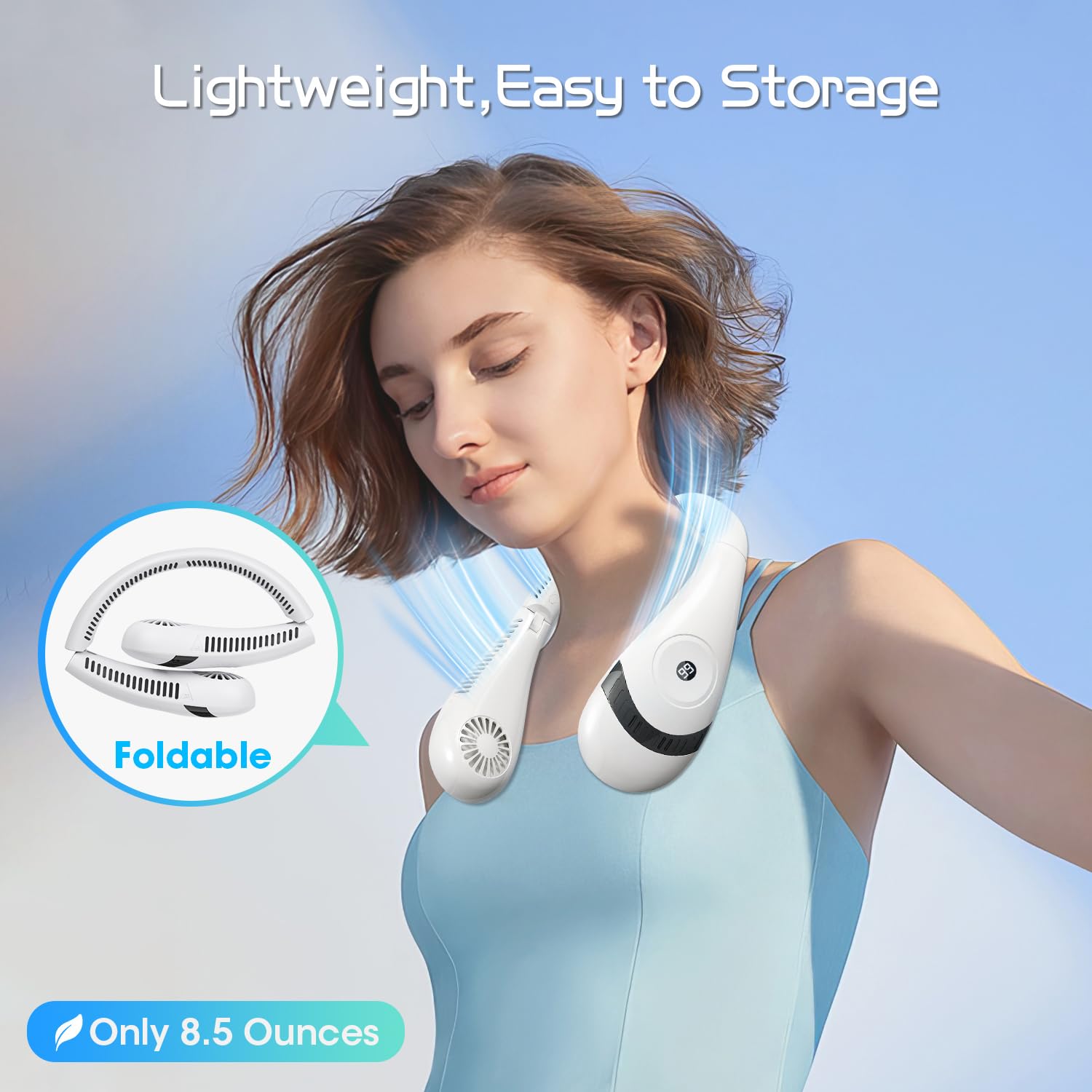 Olv Neck Fan 5000Mah Rechargeable Battery Portable Fan 360 Bladeless Cooling 3 Speeds Powerful Airflow Personal Foldable Neck Fa