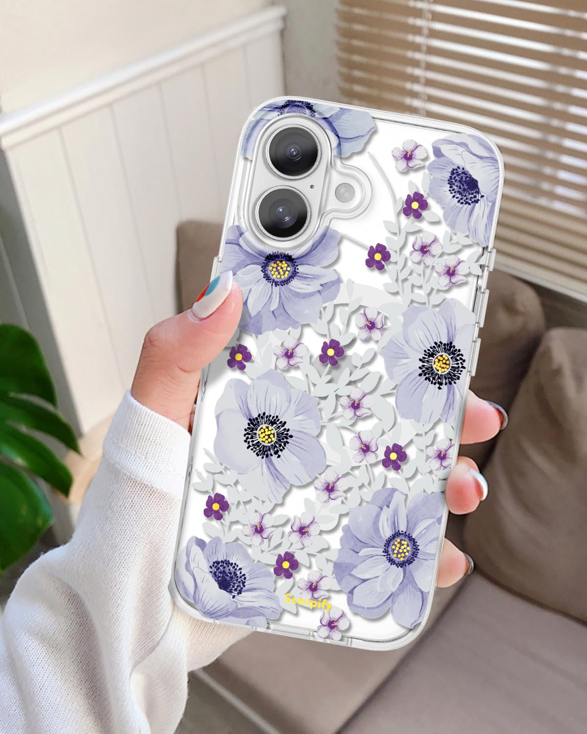 Scorpify For Iphone 16 Case [Compatible With Magsafe] With Purple Anemone Floral Design, Cute Clear Flower Phone Magnetic Cover