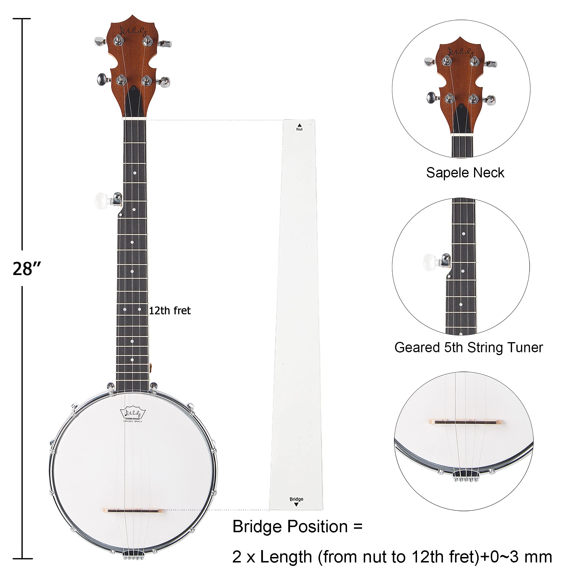 5 String Banjo Mini   Mulucky 26 Inch Travel Banjo Sapele Body Closed Solid Back Beginner Kit With Gig Bag Picks Strings Strap