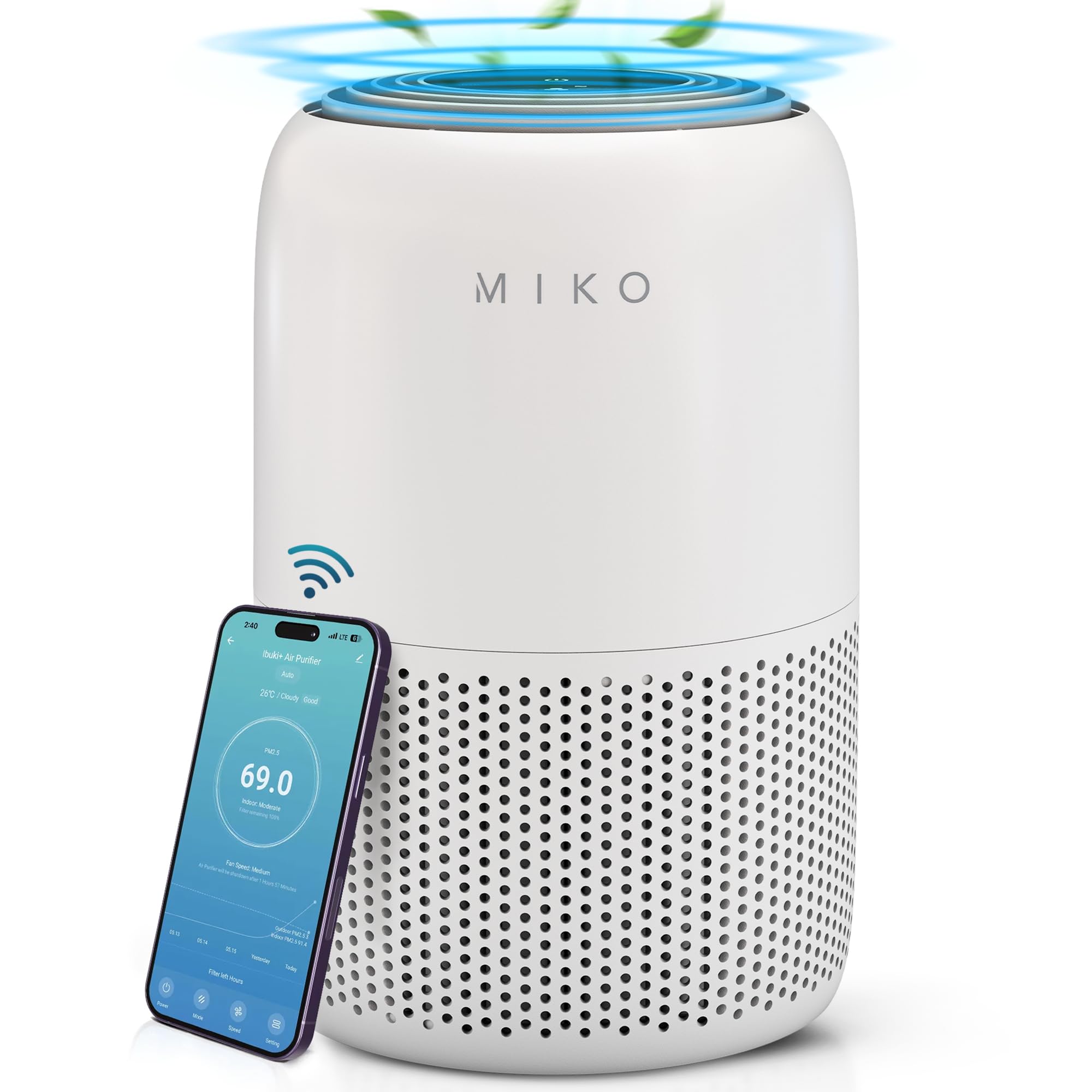 Miko Air Purifier For Bedroom With 3 In 1 Hepa Filter & Sleep Mode, Whisper Quiet, Covers Up To 1200 Ft, Smart Wi Fi App Control