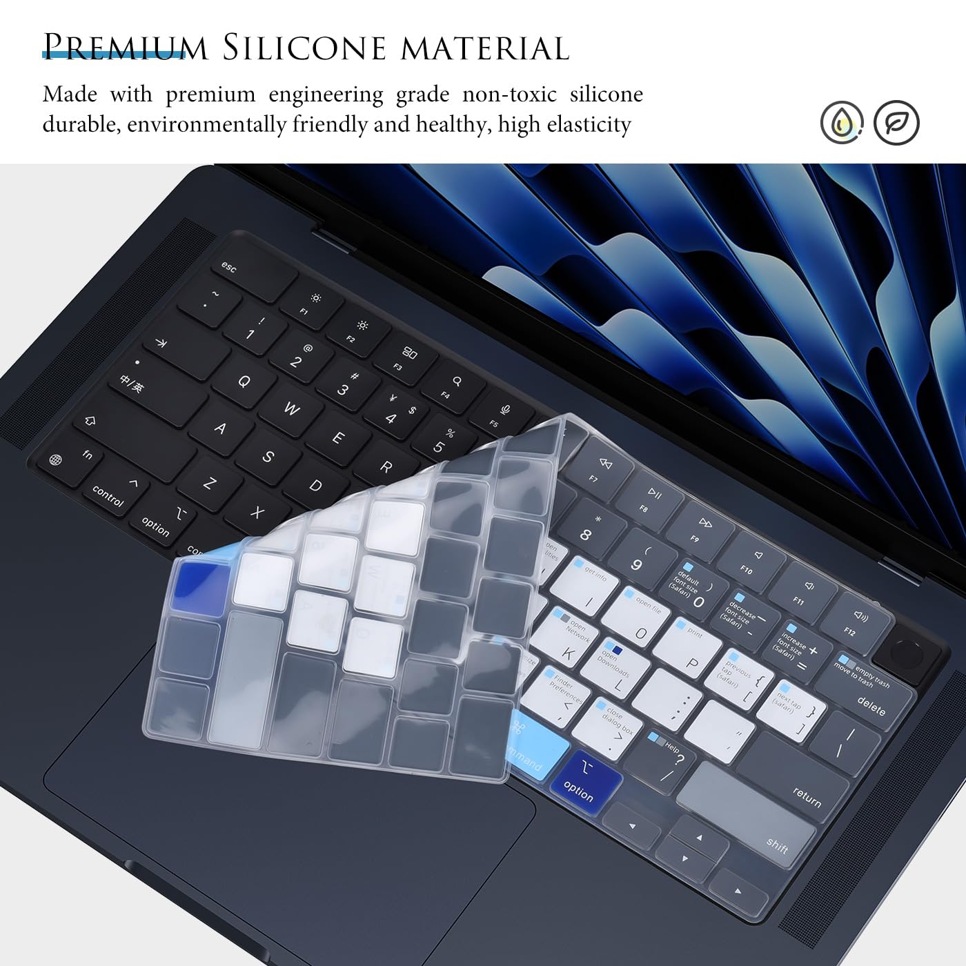 Shortcuts Hotkey Keyboard Cover Compatible With 2024 2023 Apple Macbook Air 15.3 Inch With M3 M2 Chip A3114 A2941, Apple Macbook