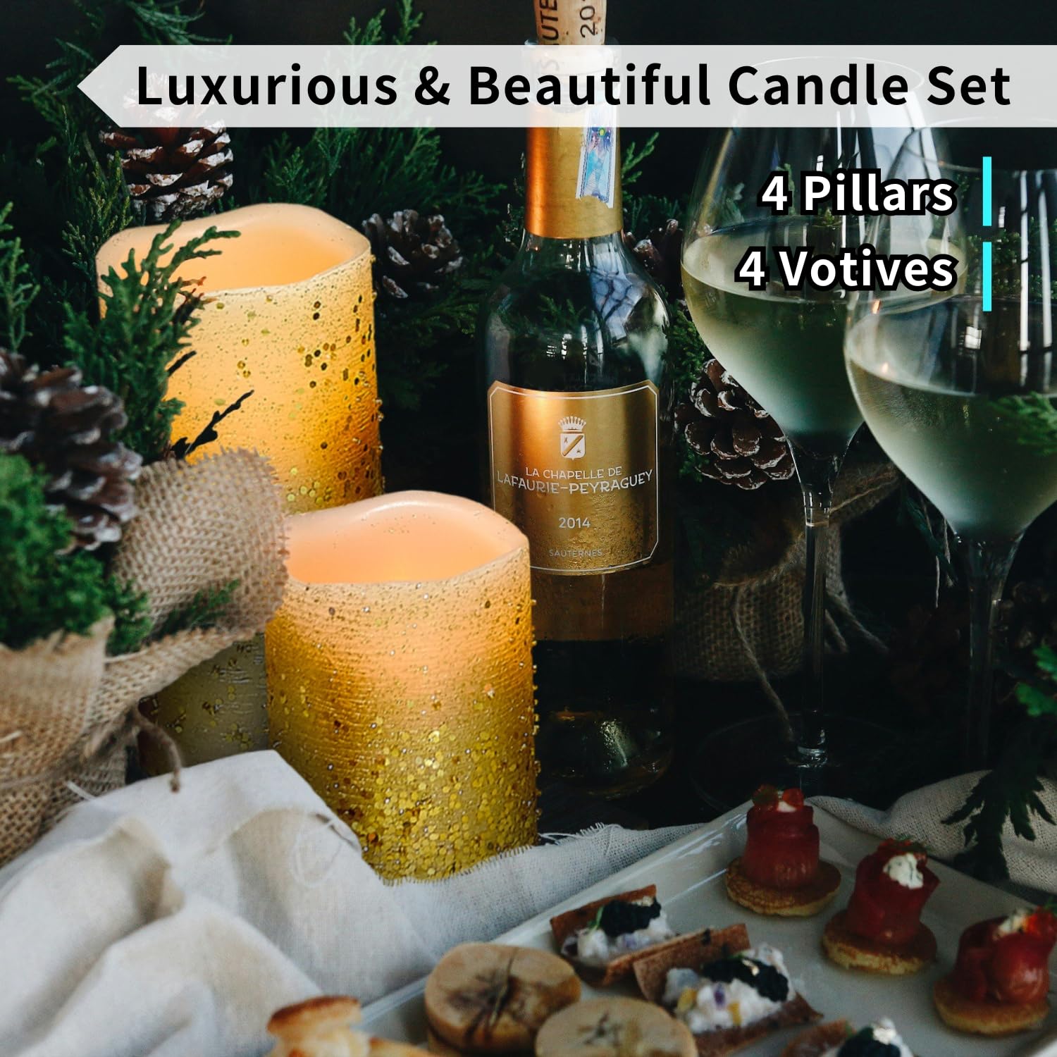 Furora Lighting Gold Glitter Real Wax Candles With Remote And Timer, 4 Pillars And 4 Votives Pack Of 8, Led Flameless Flickering