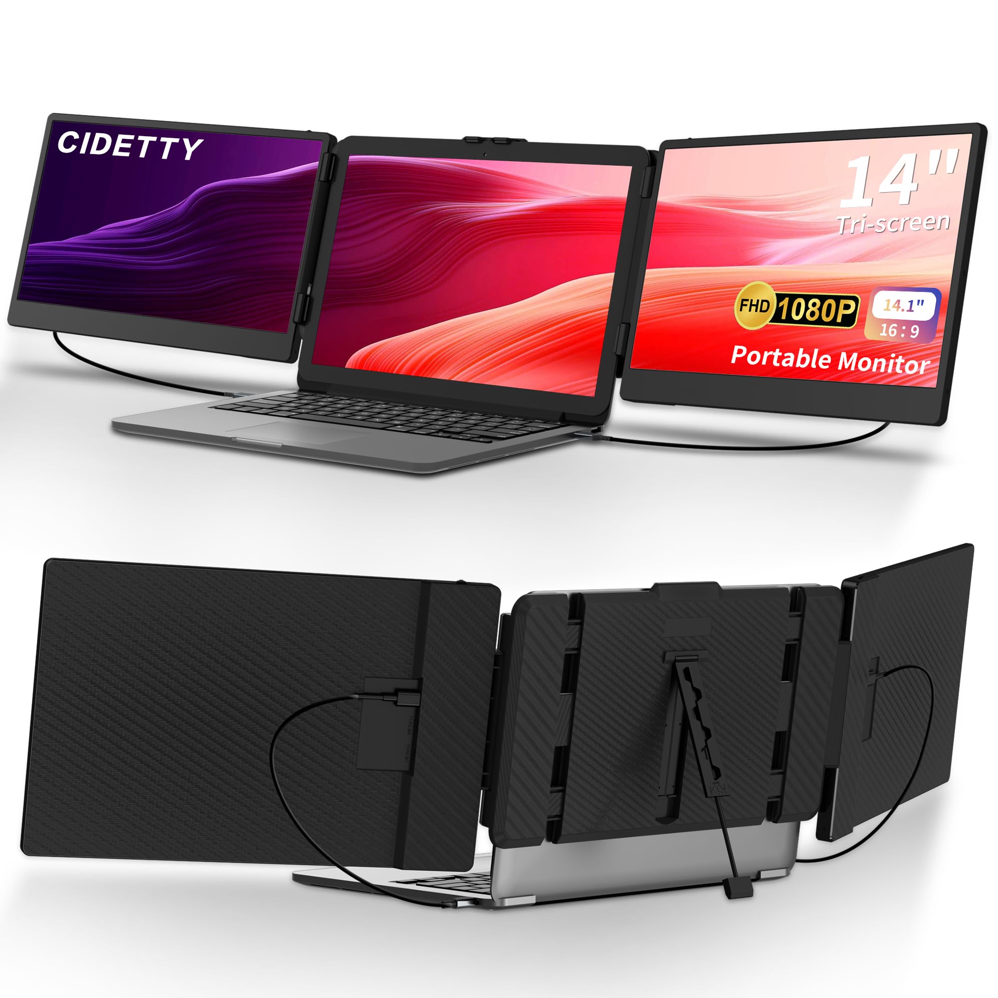 Cidetty Laptop Screen Extender, 14'' Fhd 1080P Ips Ultra Thin Dual/Triple Monitor Display, Hdmi/Usb C Plug Play Portable Monitor