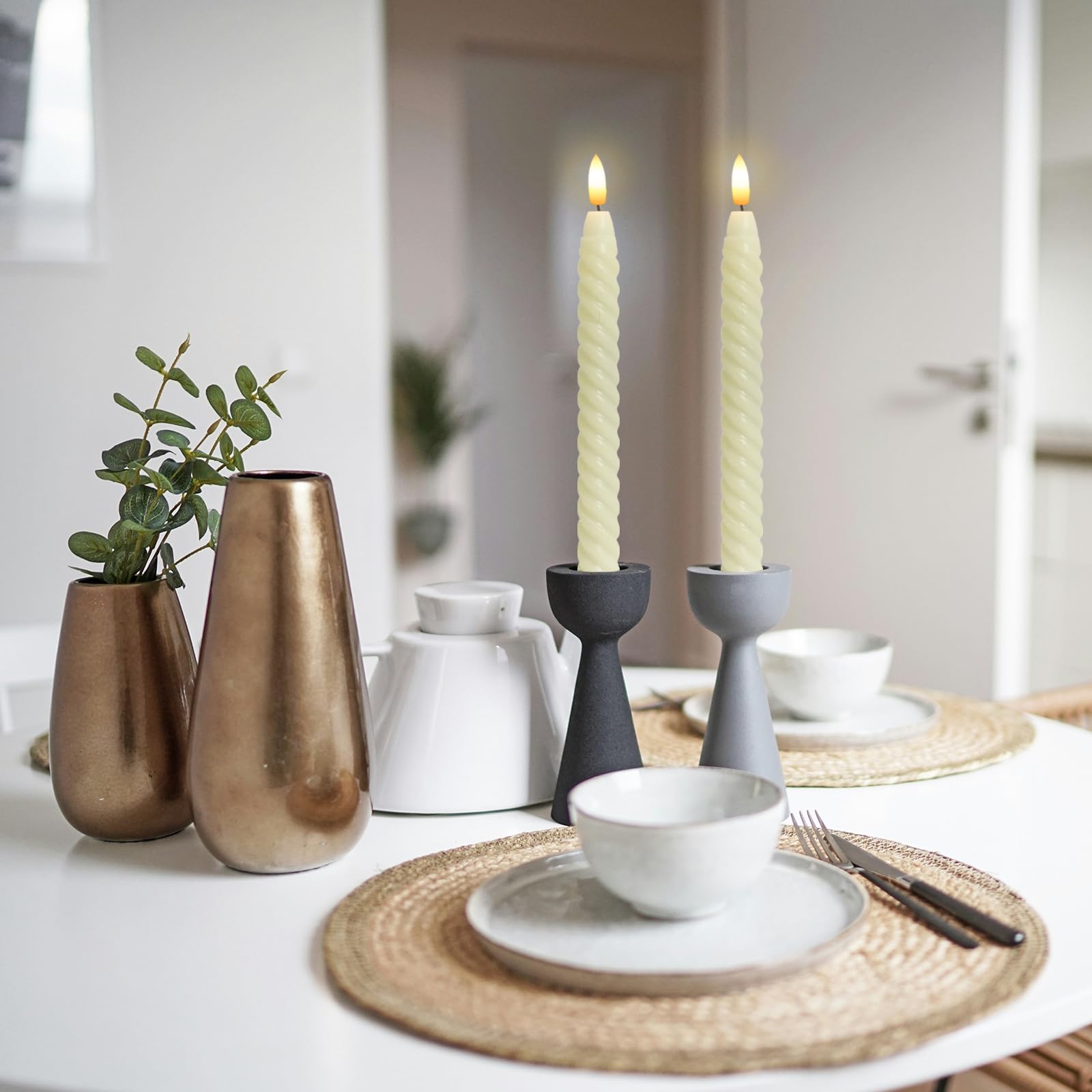 Kunswenn Spiral Taper Flameless Flickering Candles With Remote Timer, Led Battery Operated Real Wax Candle For Candlestick With