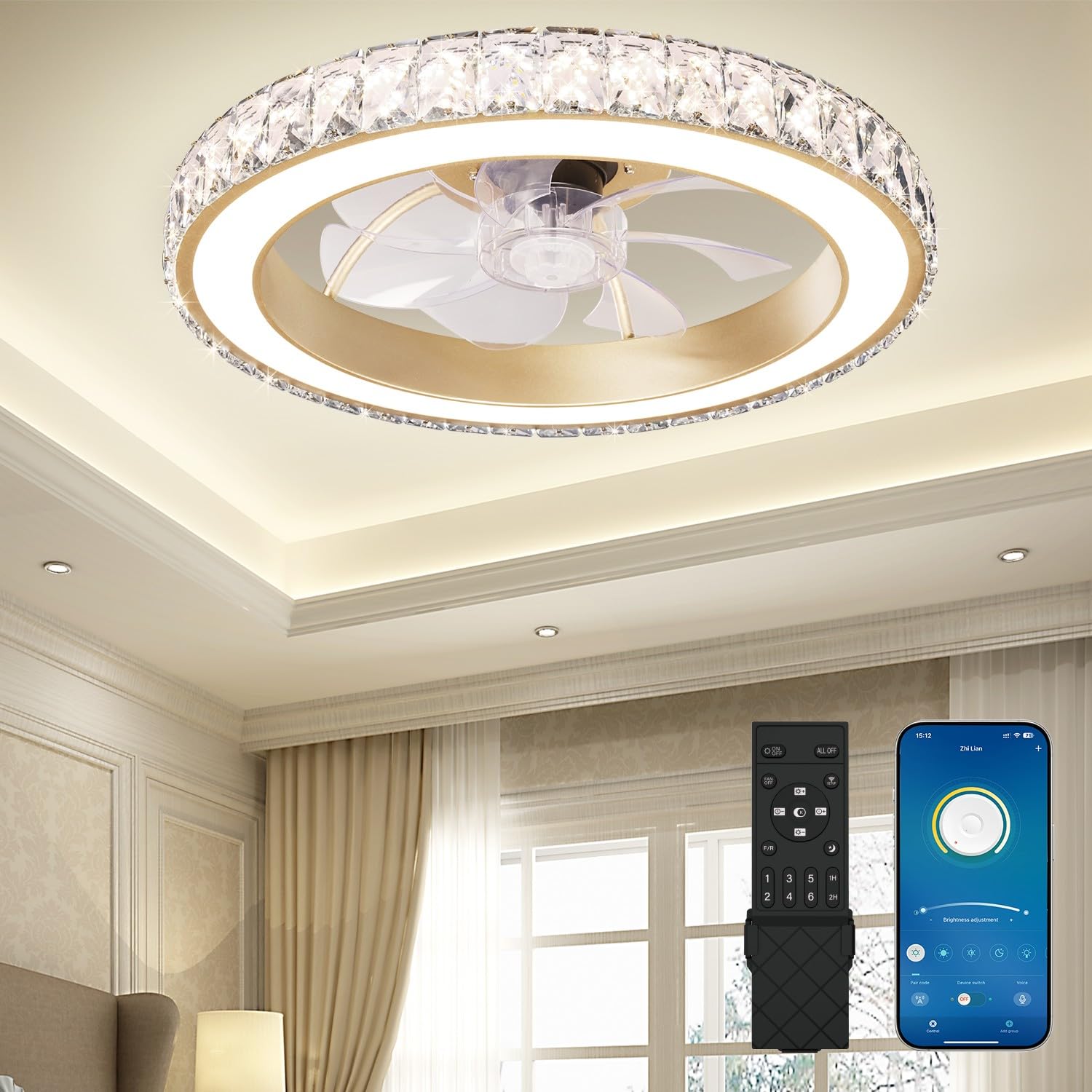 Aipsun Low Profile Modern Crystal Chandelier Ceiling Fans with Lights and Remote, 3000K-6500K Smart Bladeless LED Fan Light, 18 