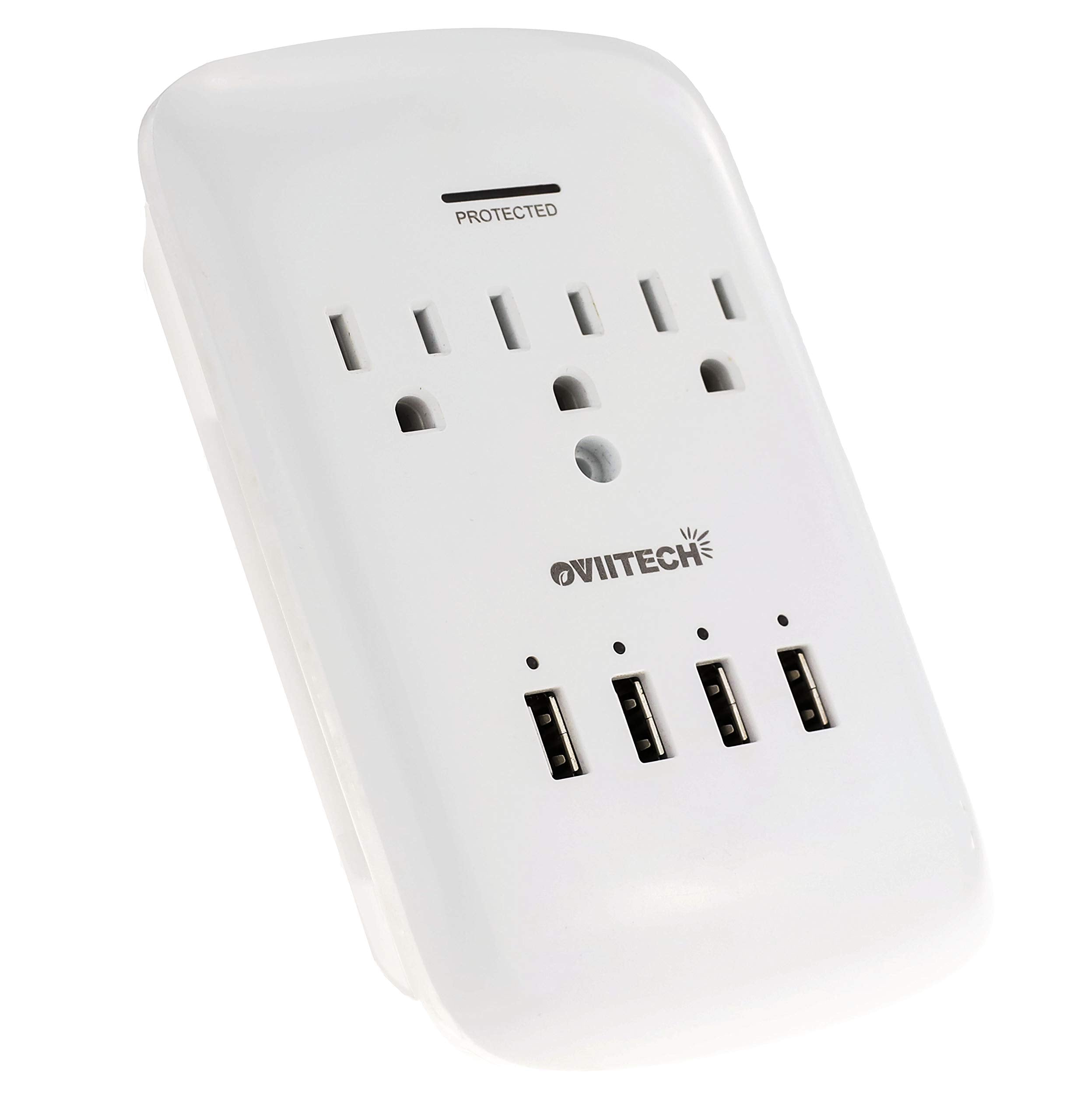 Oviitech Multi Outlet Wall Mount Adapter Surge Protector With 4 (4.2 Amp) Usb Charging Ports,3 Outlet Extender Socket Plugs,White,Etl Certified.
