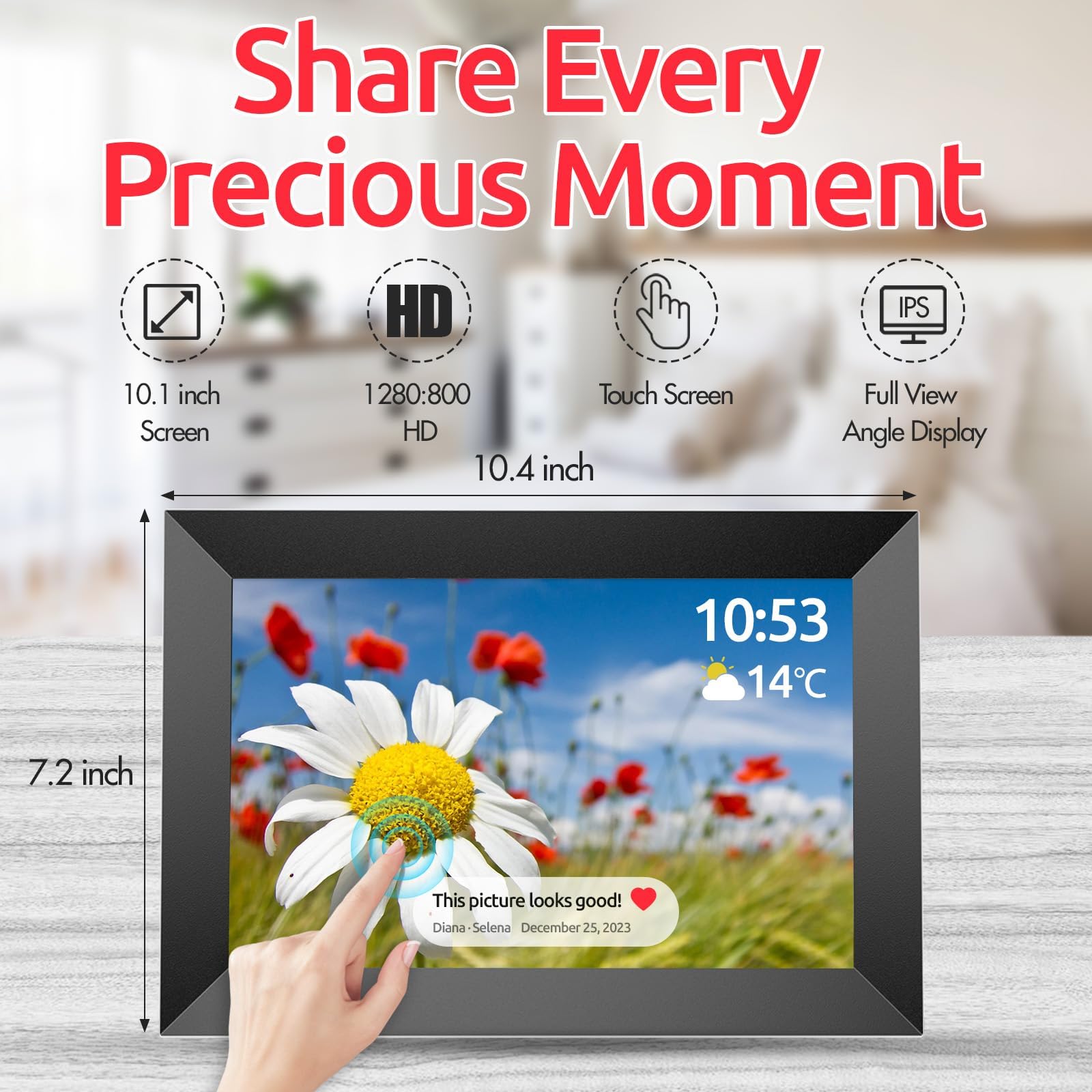 Frameo 10.1 Inch Digital Photo Frame, 32Gb Wifi Digital Frame, 1280X800 Ips Lcd Touch Screen, Auto Rotate, Wall Mounted, Easy Se