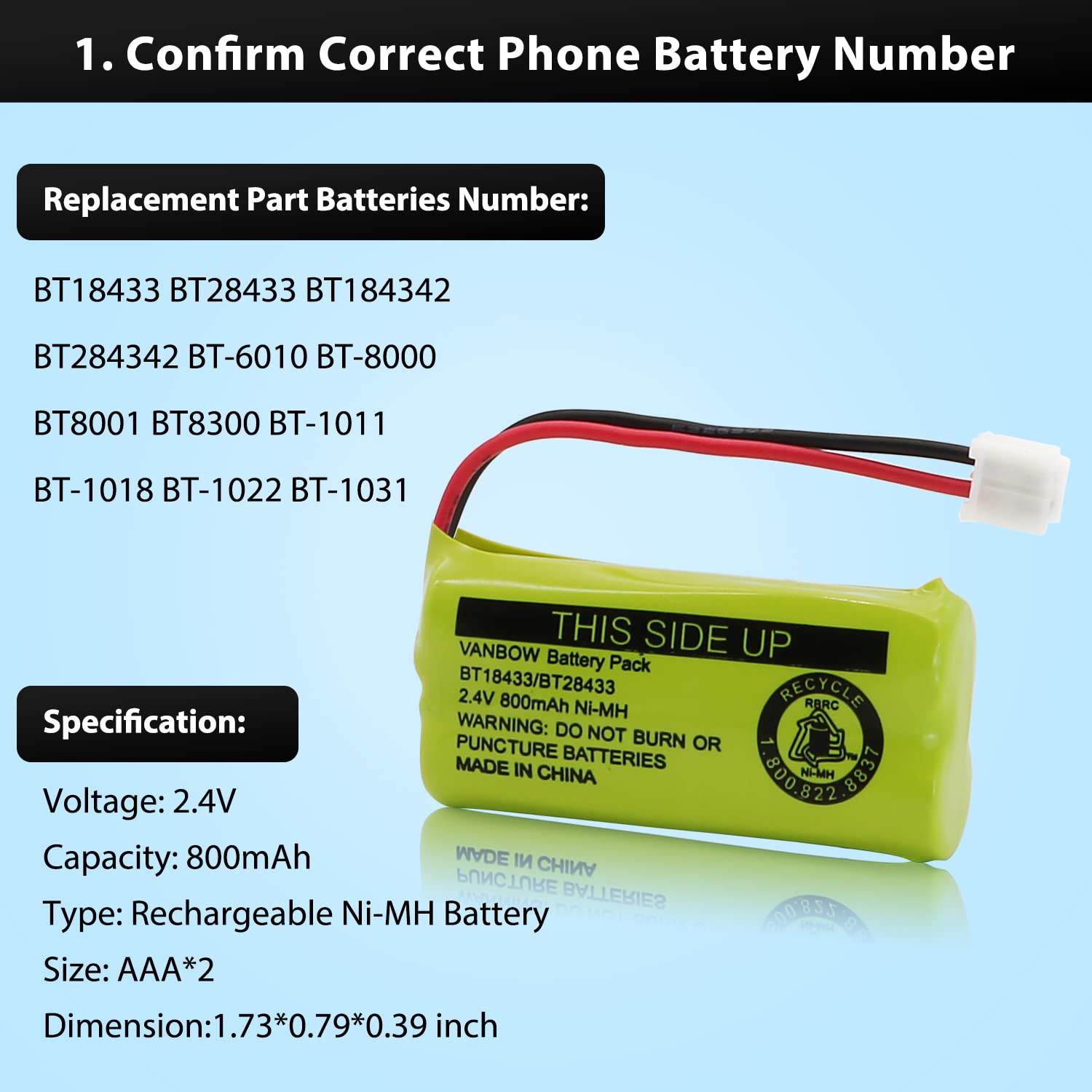 Vanbow Bt18433/Bt28433 2.4V 800Mah Ni Mh Cordless Phone Battery, Also Compatible With At&T Bt184342/Bt284342 Bt8300 Bt1011 Bt101