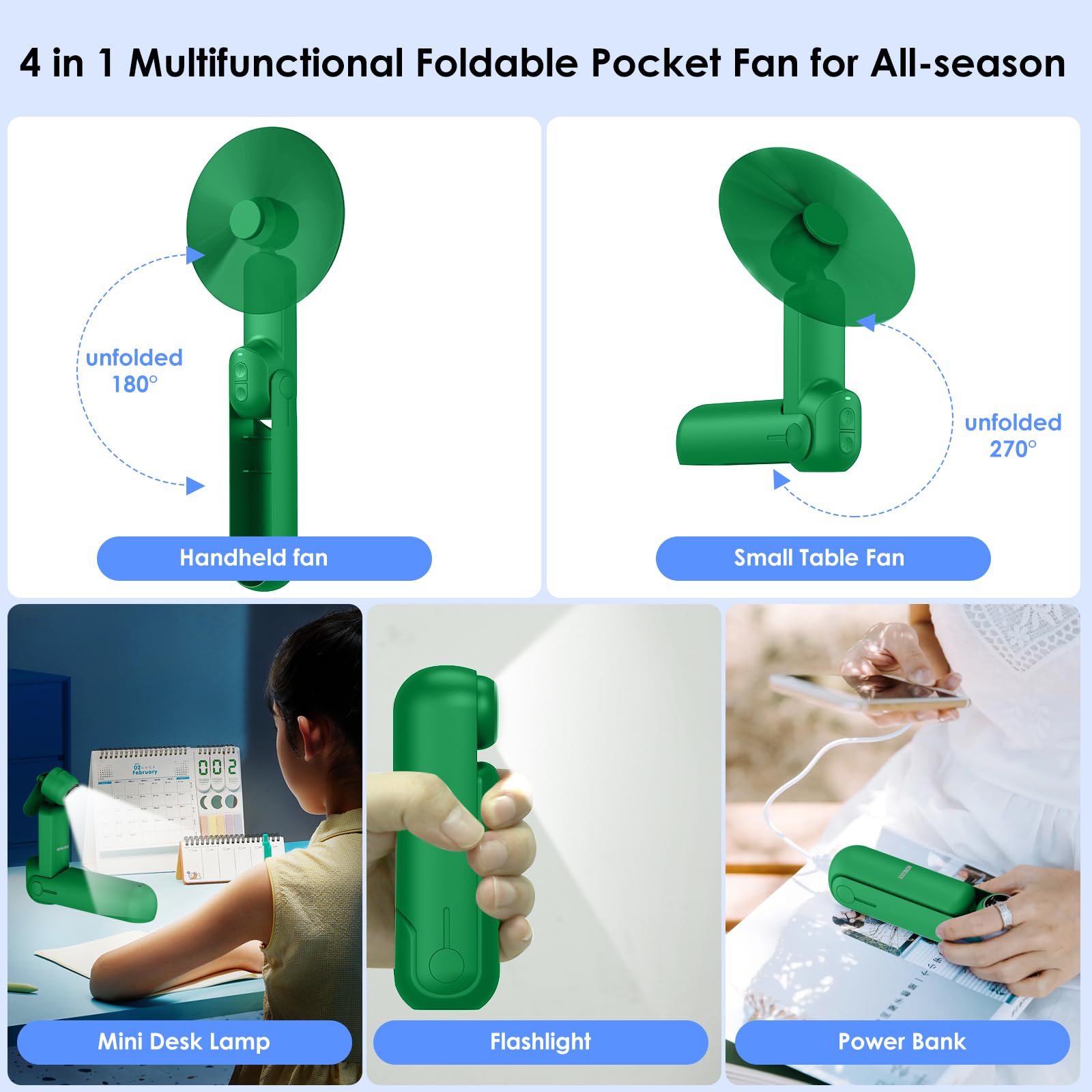 Nonlock Portable Handheld Fan,4 In 1 Personal Foldable Pocket Fan With Power Bank, Small Hand Fan With Flashlight,Mini Desk Fan