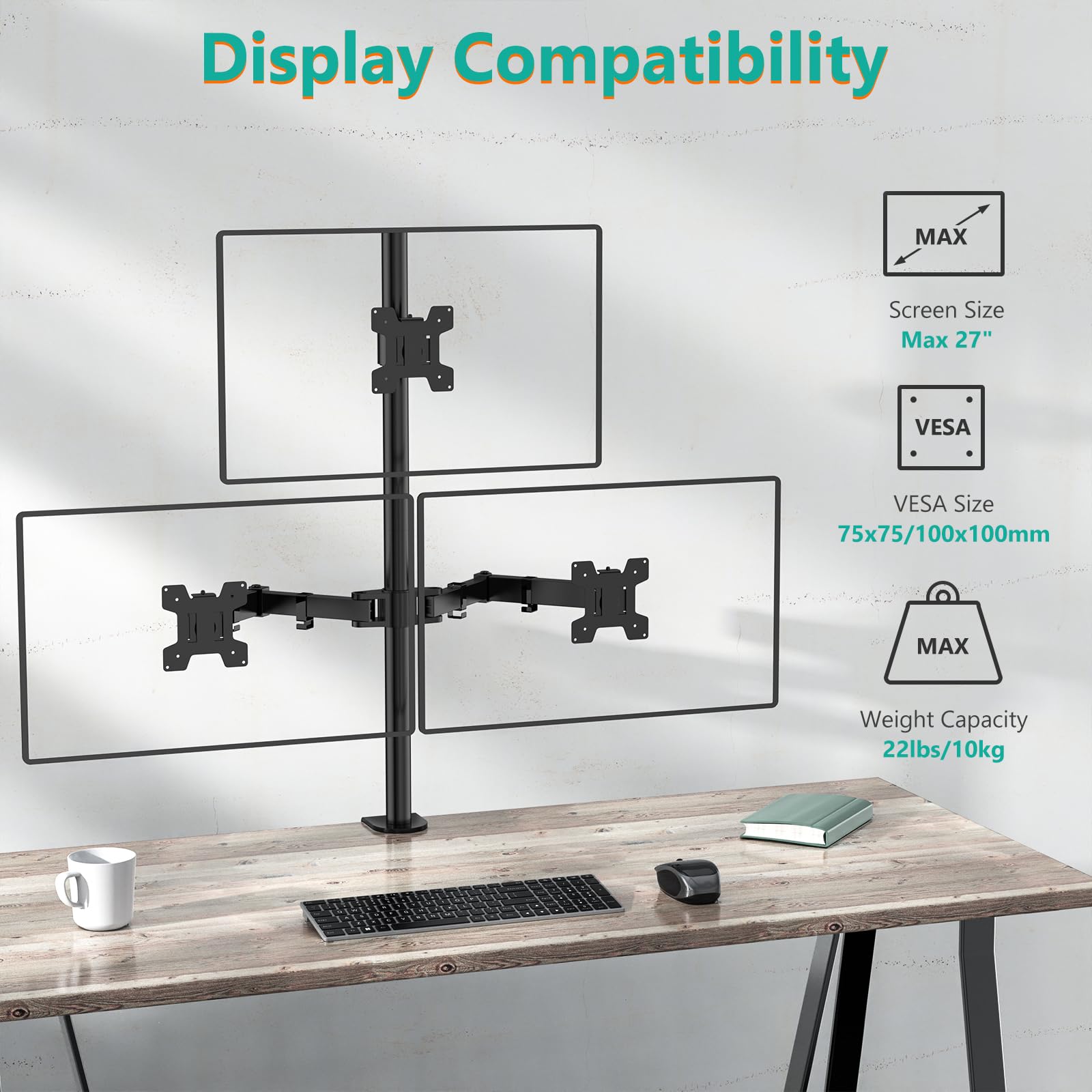 WALI Triple Monitor Desk Mount, Fully Adjustable Three Monitor Stand Fits 3 Screens up to 27 inch, 22 lbs, Weight Capacity per Arm (M003), Black