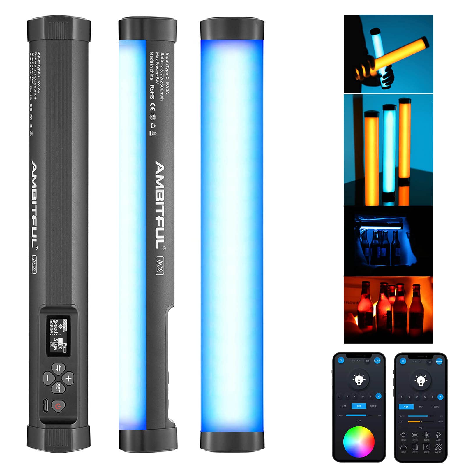 Ambitful A2 Full Color Rgb Tube Light, Cri 95 Tlci 97 Accurate Color,2500K 8500K Adjustable,Rgb Cct Hsi Mode, 29 Fx Light Effect
