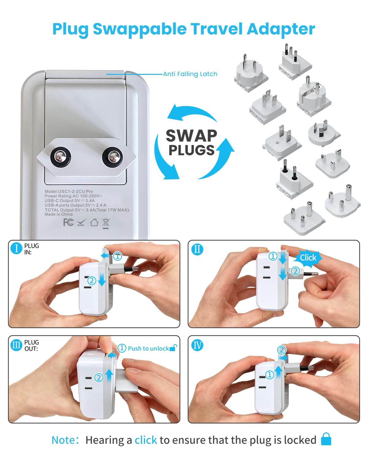 Vintar Universal Travel Adapter Kit, International Power Adapter With 4Ac And 3Usb Ports(2 Usb C), Type A,B,C,D,E/F,G,H,I,L,M Sw