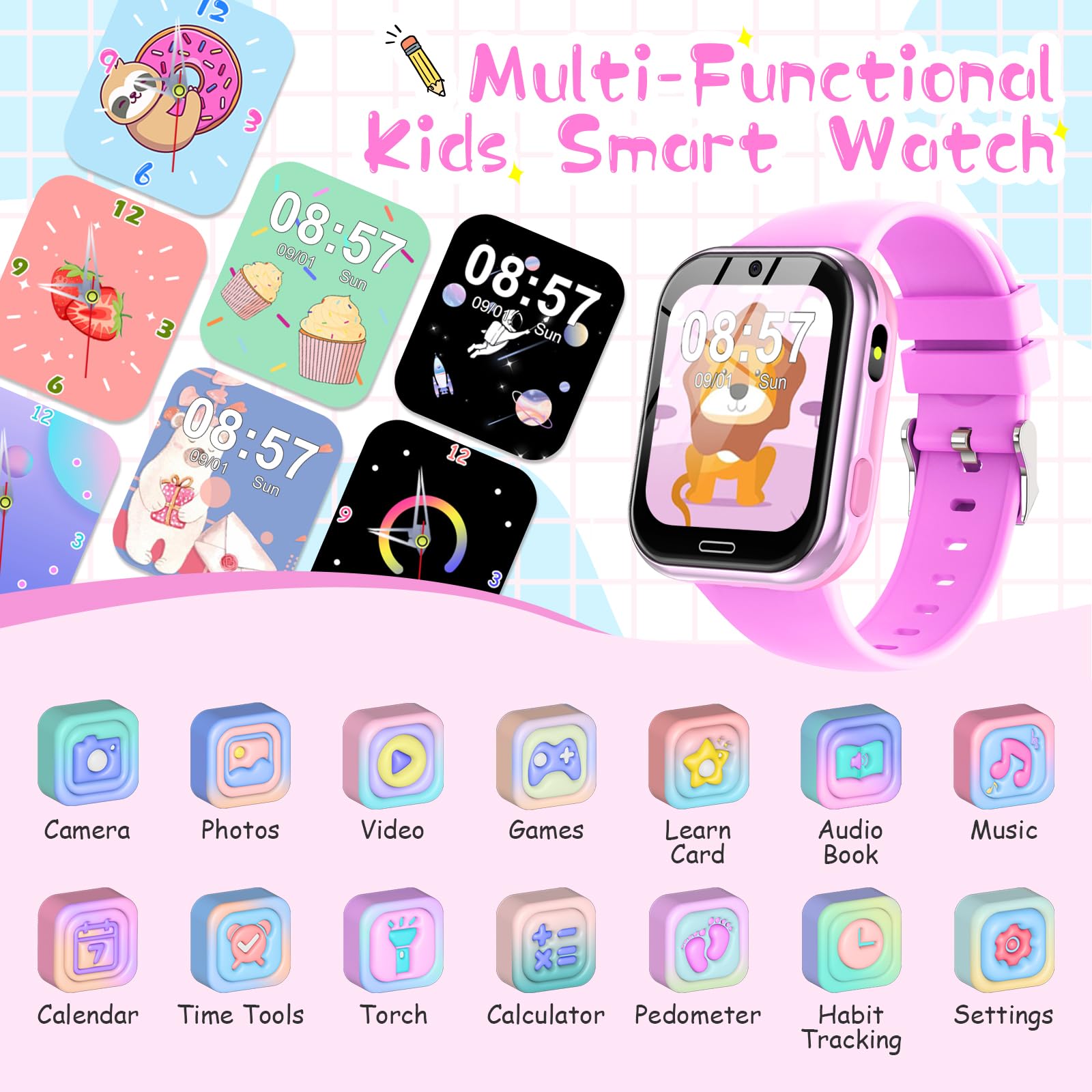Smart Watch For Kids, Kids Smart Watch Toys 19 Games Touch Screen Watch Camera Music Video Pedometer Calculator Alarm Clock Lear