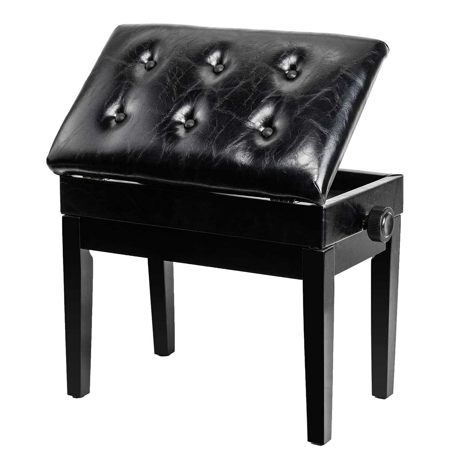 Bonnlo Adjustable Black Piano Bench With Storage Faux Leather Wooden Piano Stool With Padded Cushion
