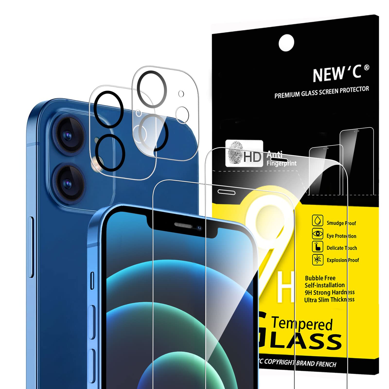 New'C 4 Pack, 2 Pack Screen Protector For Iphone 12 [6.1 Inch] + 2 Pack Camera Lens Protector, Sensor Protection,Case Friendly T