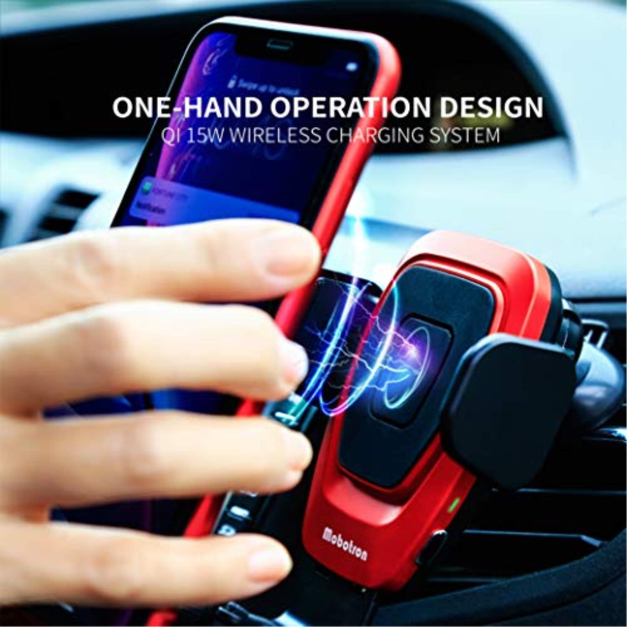 Mobotron Wireless Car Charger Smartphone Mount (Red), Qi 15W Fast Charging