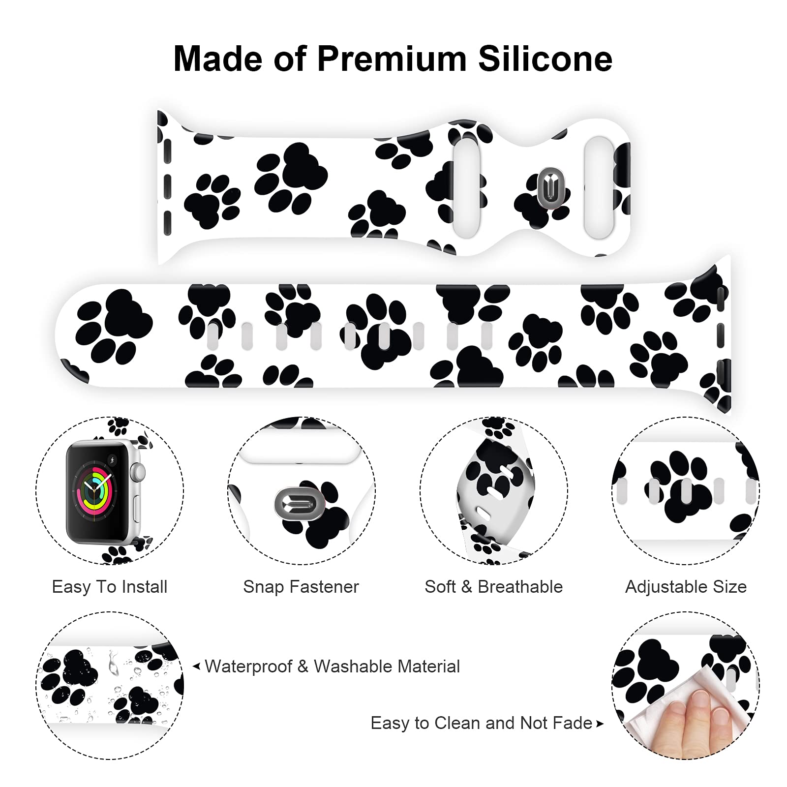 Bxxtpk Black Puppy Paw Print Black Cat Paws In White Background Compatible With Apple Watch Band 42Mm 44Mm Soft Silicone Wristba