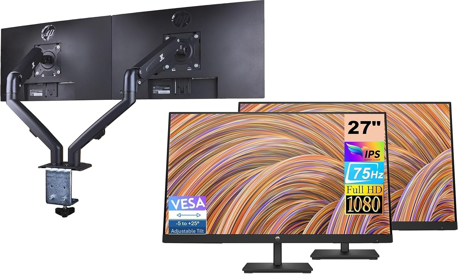 Hp 27'' Fhd Ips Monitor Bundle With Ergoflexy Dual Monitor Mount, Fhd Ips (1920X1080) 75Hz Display, 1 Hdmi 1.4, 1 Dp 1.2, Vesa M