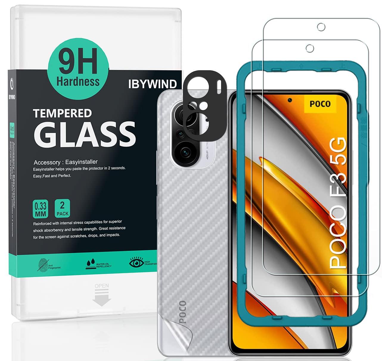 Ibywind Screen Protector For Xiaomi Poco F3/Redmi K40/K40 Pro,With 2Pcs Tempered Glass,1Pc Camera Lens Protector,1Pc Backing Car