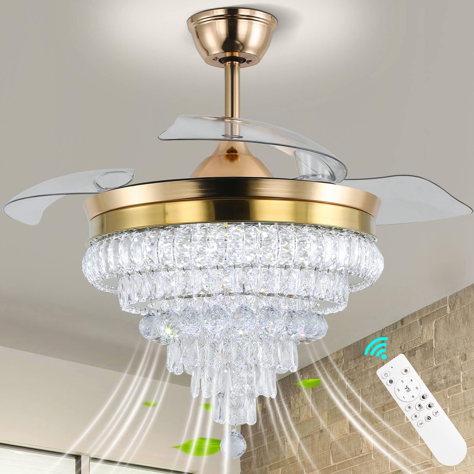 CLAIRDAI 42 Modern Crystal Chandelier Ceiling Fan with Lights Dimmable Fandeliers Retractable LED Invisible Fandelier Crystal 