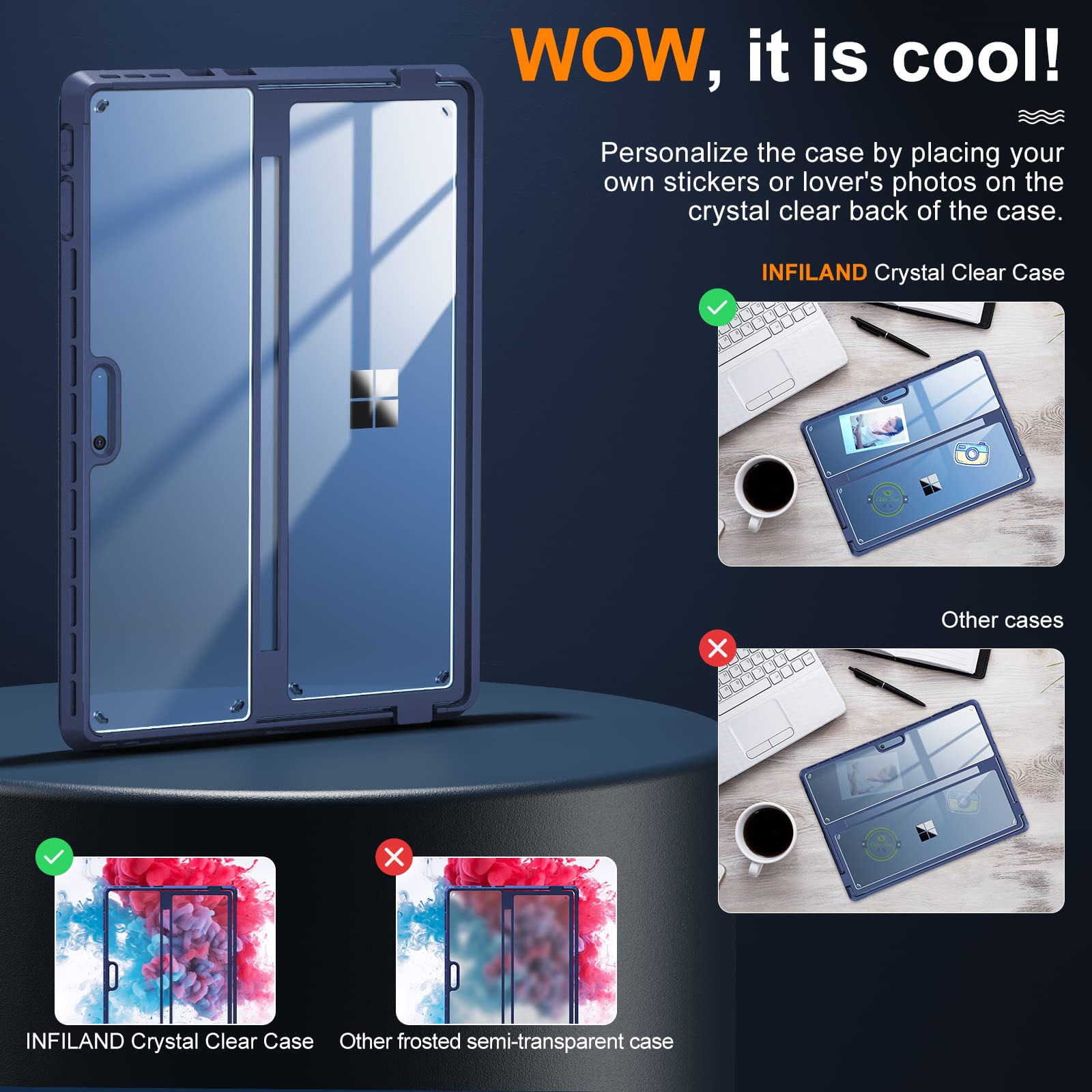 Infiland Case, Crystal Clear Multi Angle Shockproof For Microsoft Surface Pro 9/10, Compatible With Surface Pro Signature Keyboard & Slim Pen 2, Blue