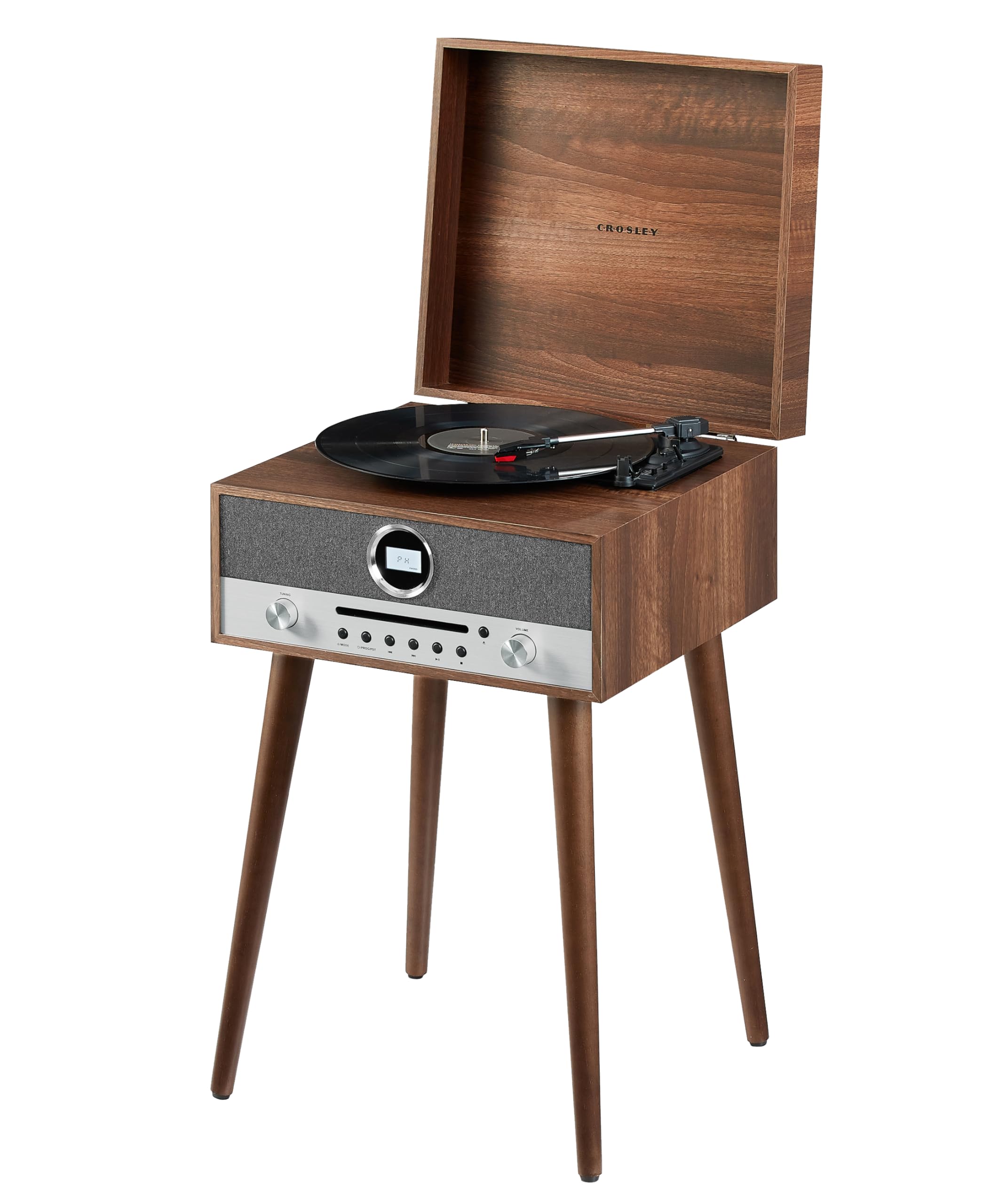 Crosley CR6238A-WA Nash 7-in-1 Record Player, CD, AM/FM Radio, Bluetooth, Entertainment Center with Optional Legs, Walnut