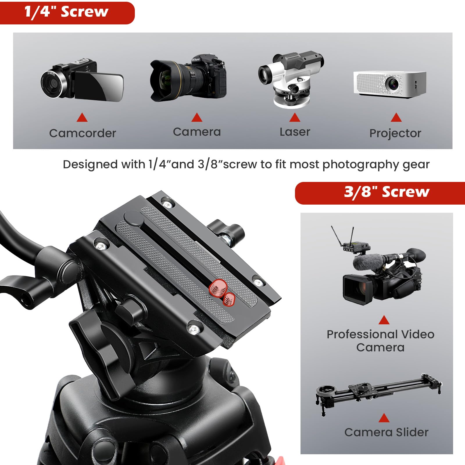 82' /210Cm Professional Video Tripod, Heavy Duty Aluminum Alloy Camera Tripod Stand With 360� Fluid Drag Head, Qr Plate Compatible With Canon Nikon Sony Dslr Camera Camcorder (Load 33Lb)