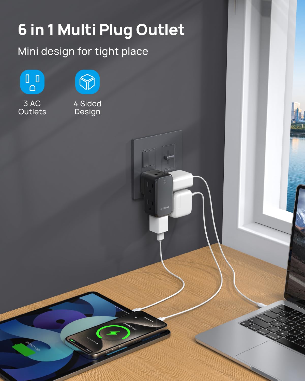 Trond Outlet Adapter With 360 Rotating Plug, 6 Ac Outlet Extender, Turn One Into Multiple Sideways Plug Splitter, Black Wall Pow