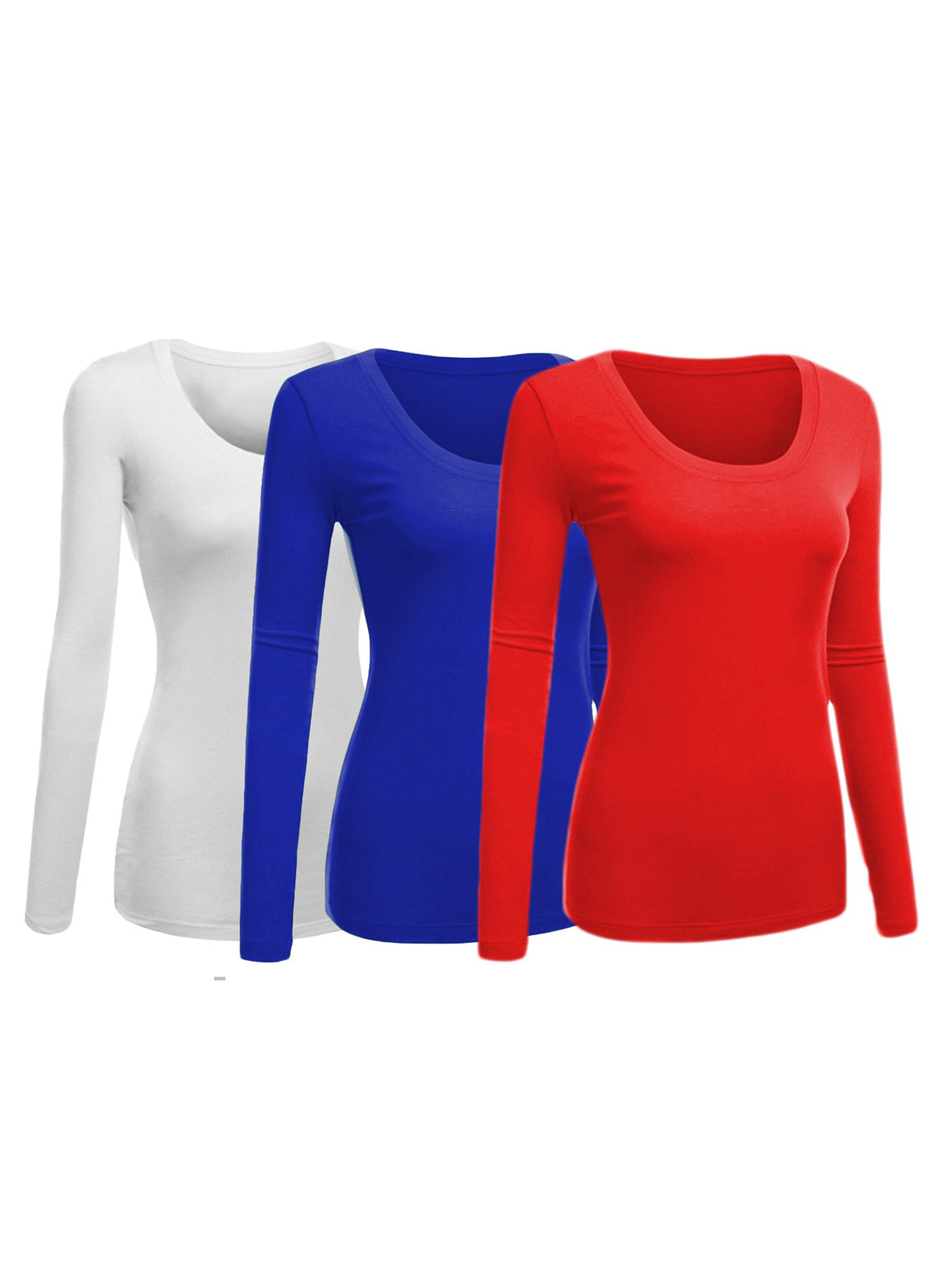 Emmalise Womens Junior And Plus Size Basic Scoop Neck Tshirt Long Sleeve Tee, Medium, 3Pk White, Royal, Red
