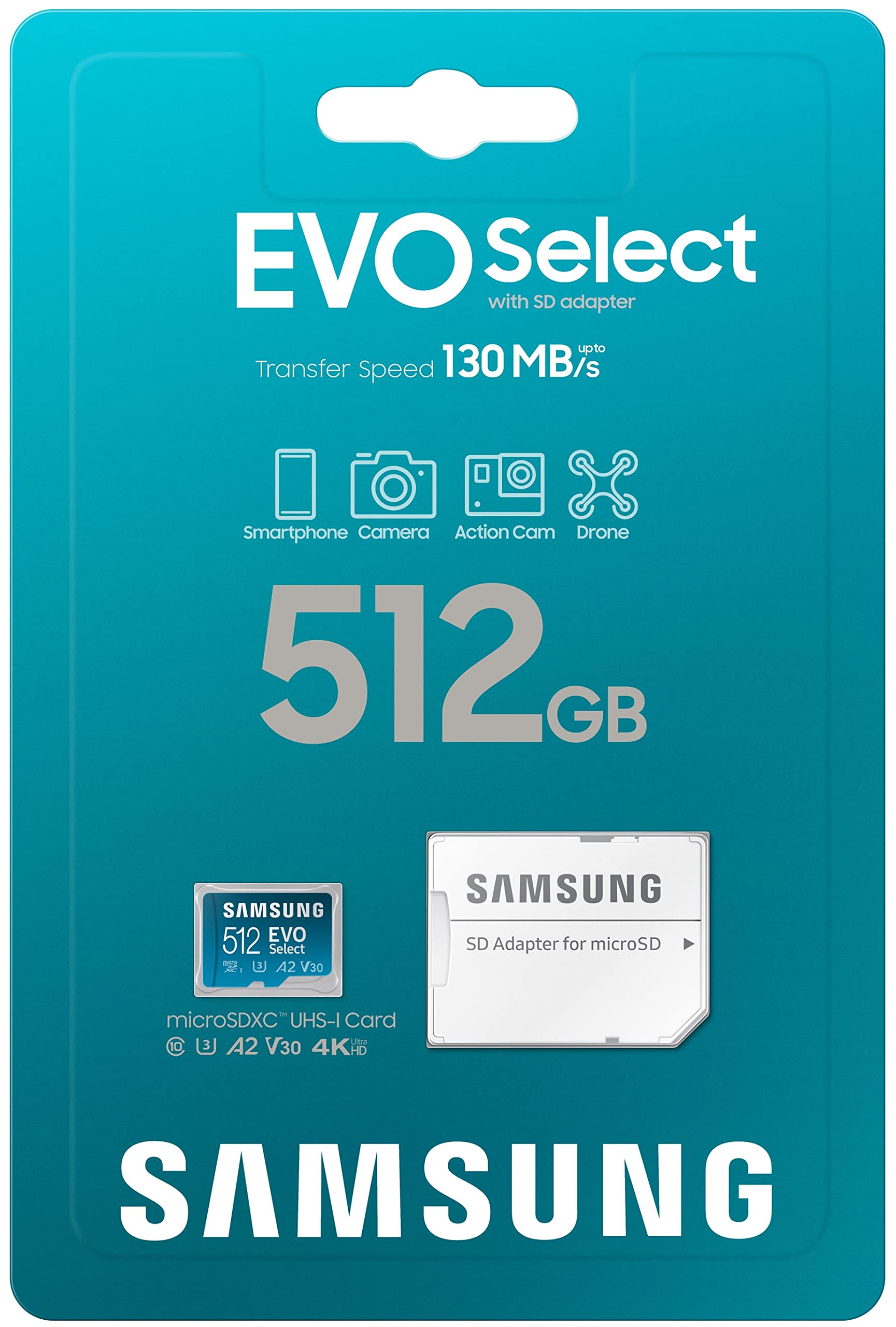 Samsung Evo Select Micro Sd-Memory-Card + Adapter, 512Gb Microsdxc 130Mb/S Full Hd & 4K Uhd, Uhs-I, U3, A2, V30, Expanded Storag