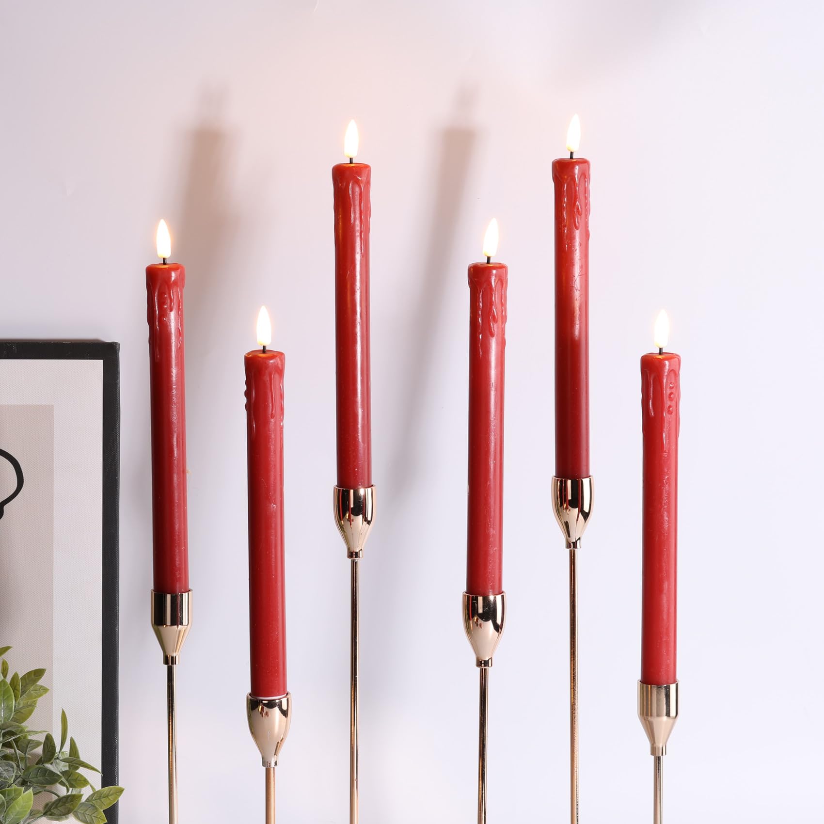 Girimax Red Dripping Wax Flameless Taper Candles With Remote, Flickering Realistic Led Candlesticks Battery Operated Set Of 6