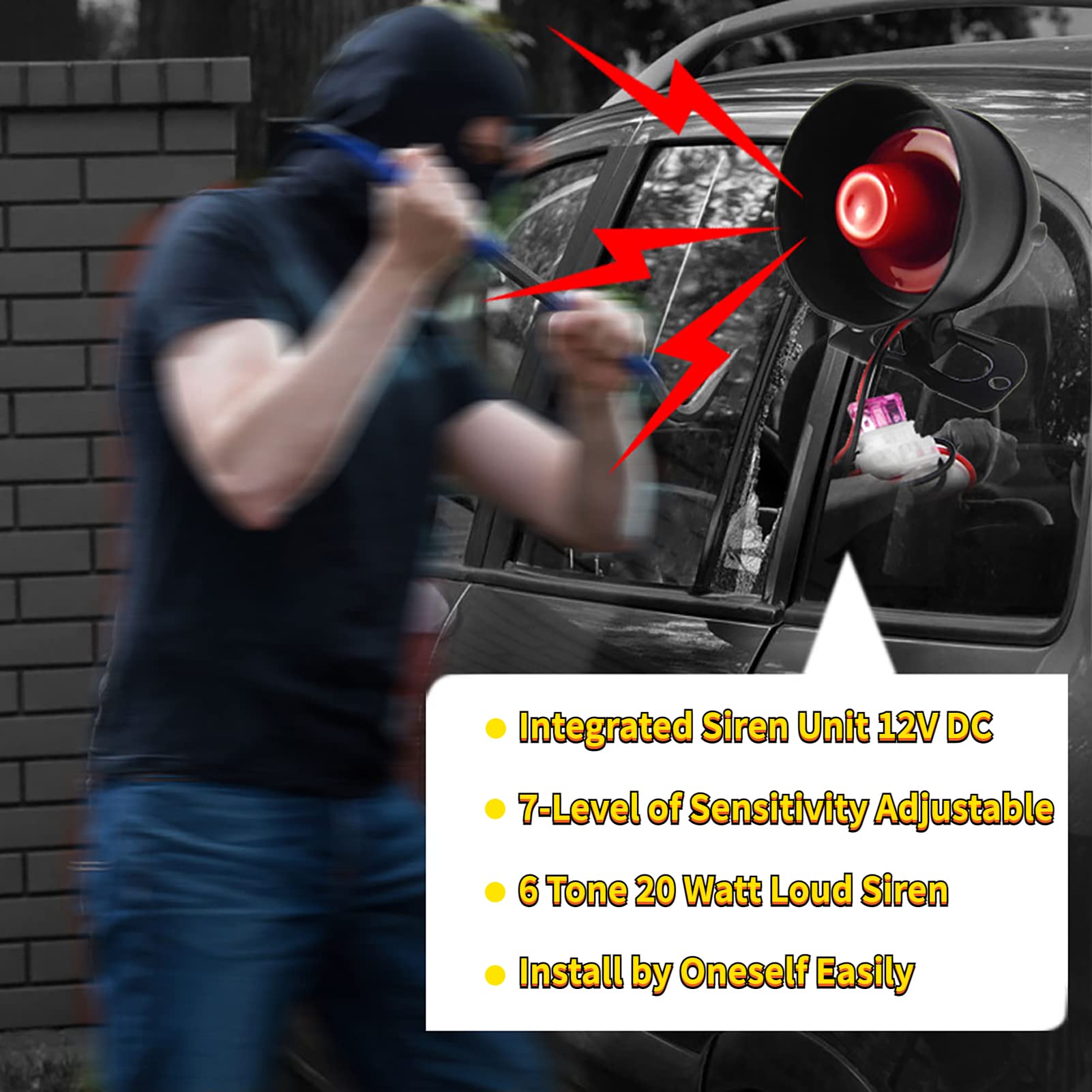 Car Horn Siren Alarm,Universal Car Alarm Security Protection System With 2 Remote Controls,7 Level Sensitivity,12V,Anti Theft De