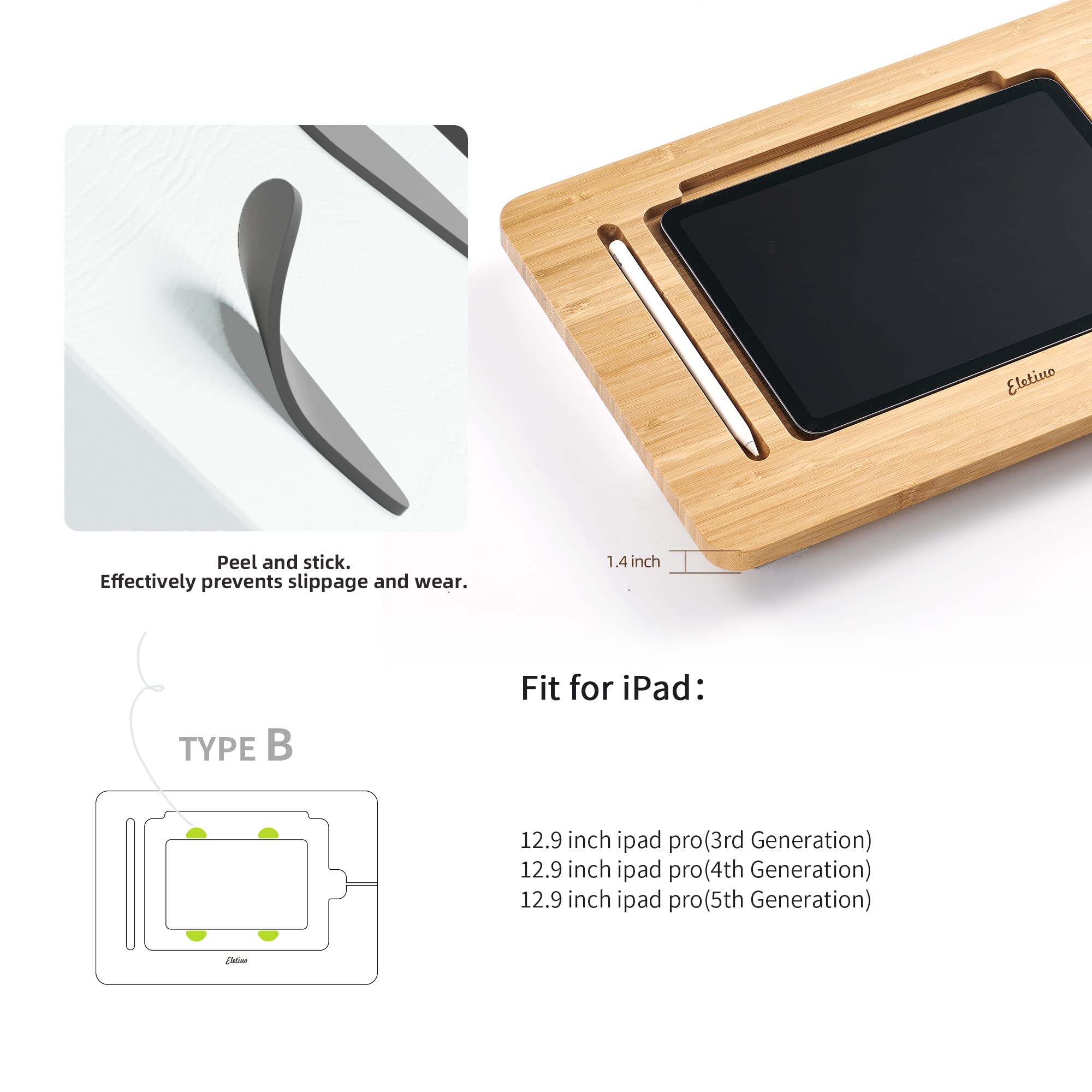 Eletiuo Upgraded Bamboo Wooden Drawing Ipad Holder With Pencil&Charger Cable Slot, Multi Angle Adjustable Tablet Desktop,Foldabl