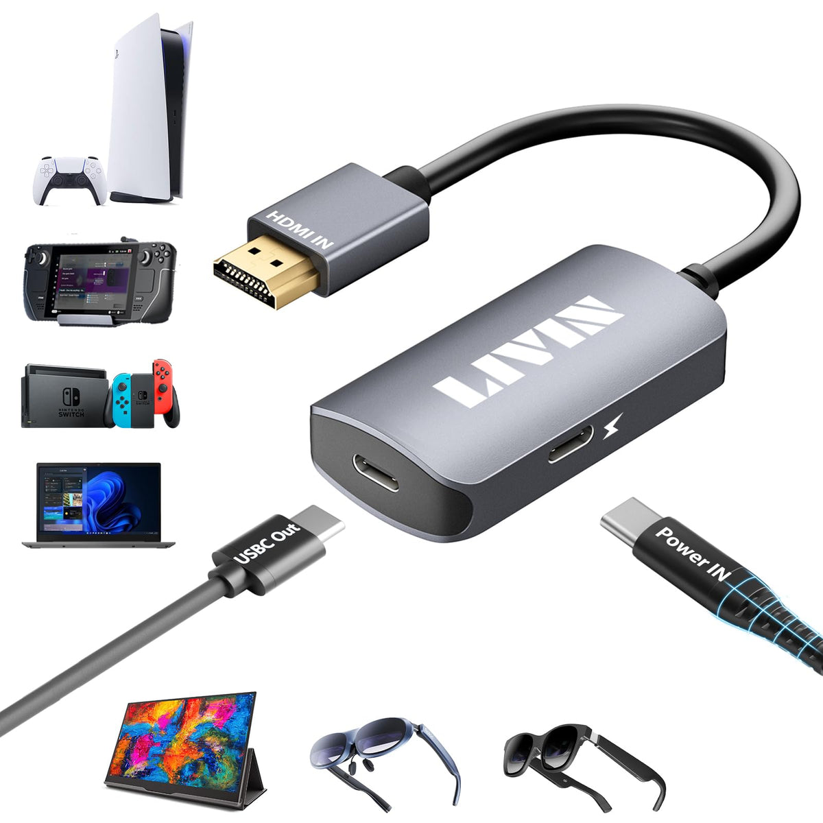Livin Ar Glasses Adapter Xreal/Rokid/Viture/Rayneo, Hdmi To Usb C ?4K@60Hz+Charging Port?, Plug & Play, Aluminum Shell Hdmi To T
