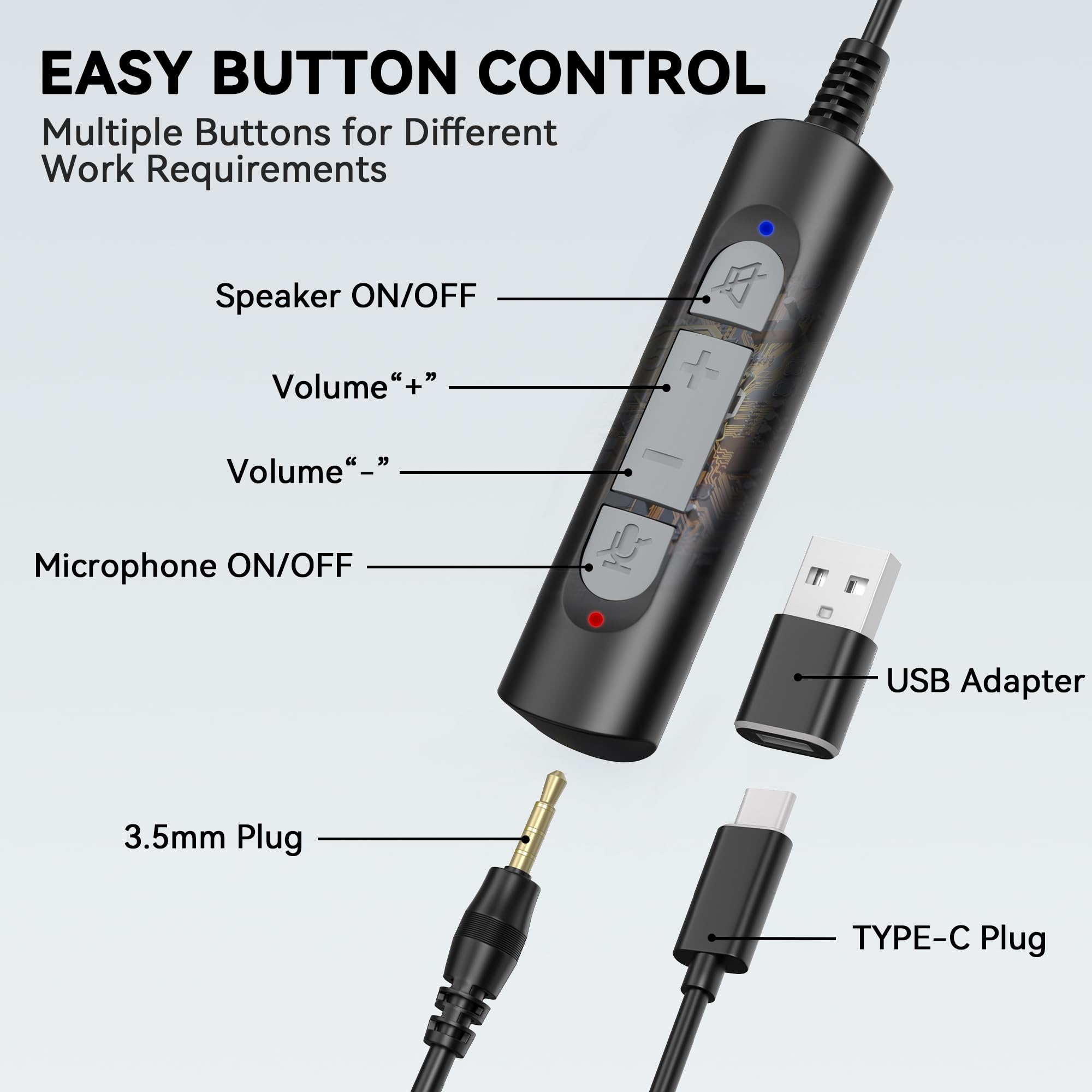 Wantek Headset With Microphone For Pc, Usb Wired Headphones - Usb-C Over-Ear 3.5Mm Headsets With Noise-Cancelling Microphone For