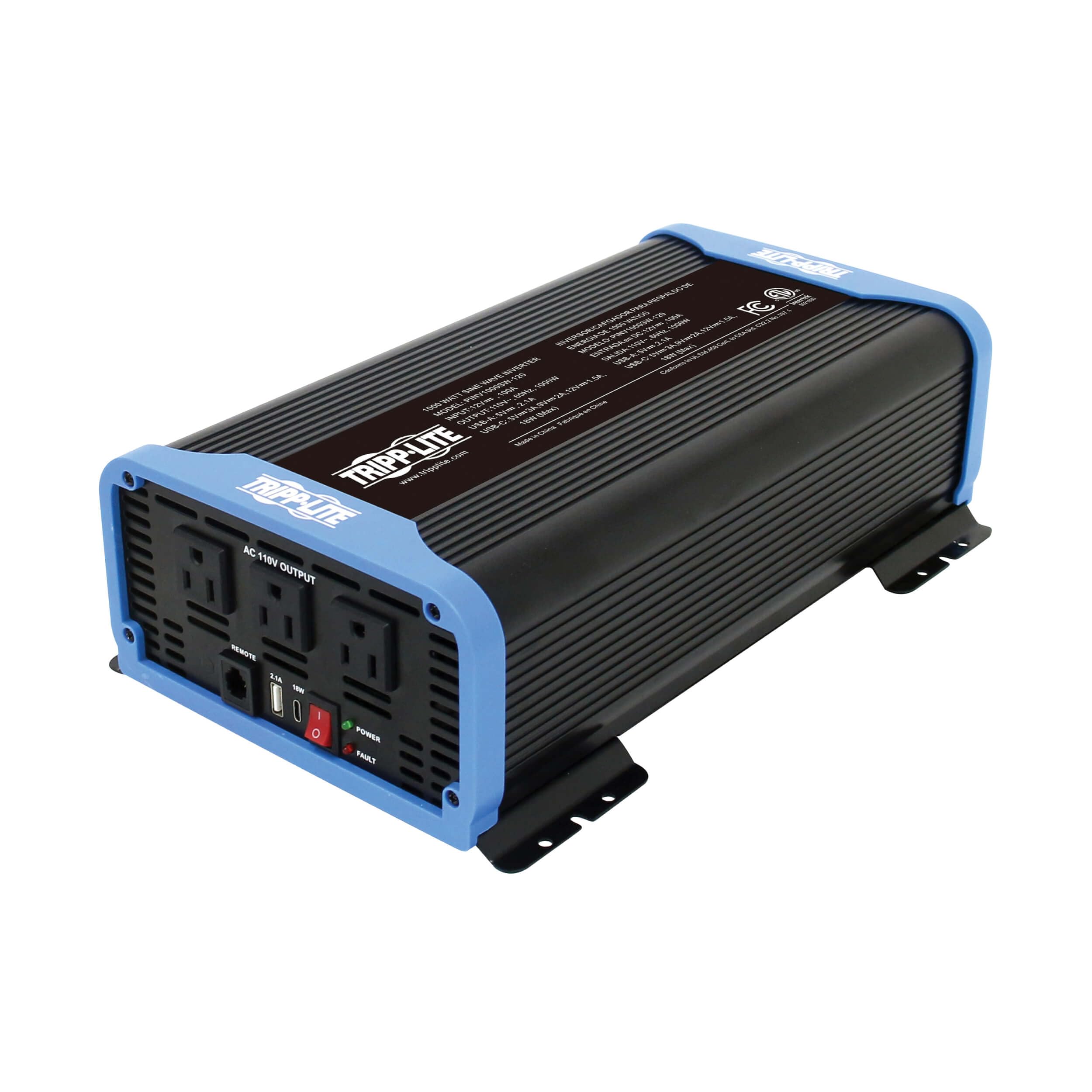 Tripp Lite 1500W Compact Pure Sine Wave Power Inverter, 3 Outlets, 1 USB + 1 USB-C Charging Ports, Remote Control via RJ12 Telep