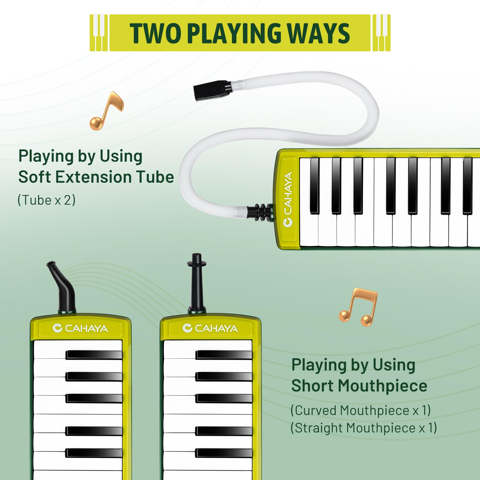 Cahaya Melodica Instrument 32 Keys Green Double Tubes Mouthpiece Air Piano Pianica Keyboard Musical Instrument With Carrying Bag
