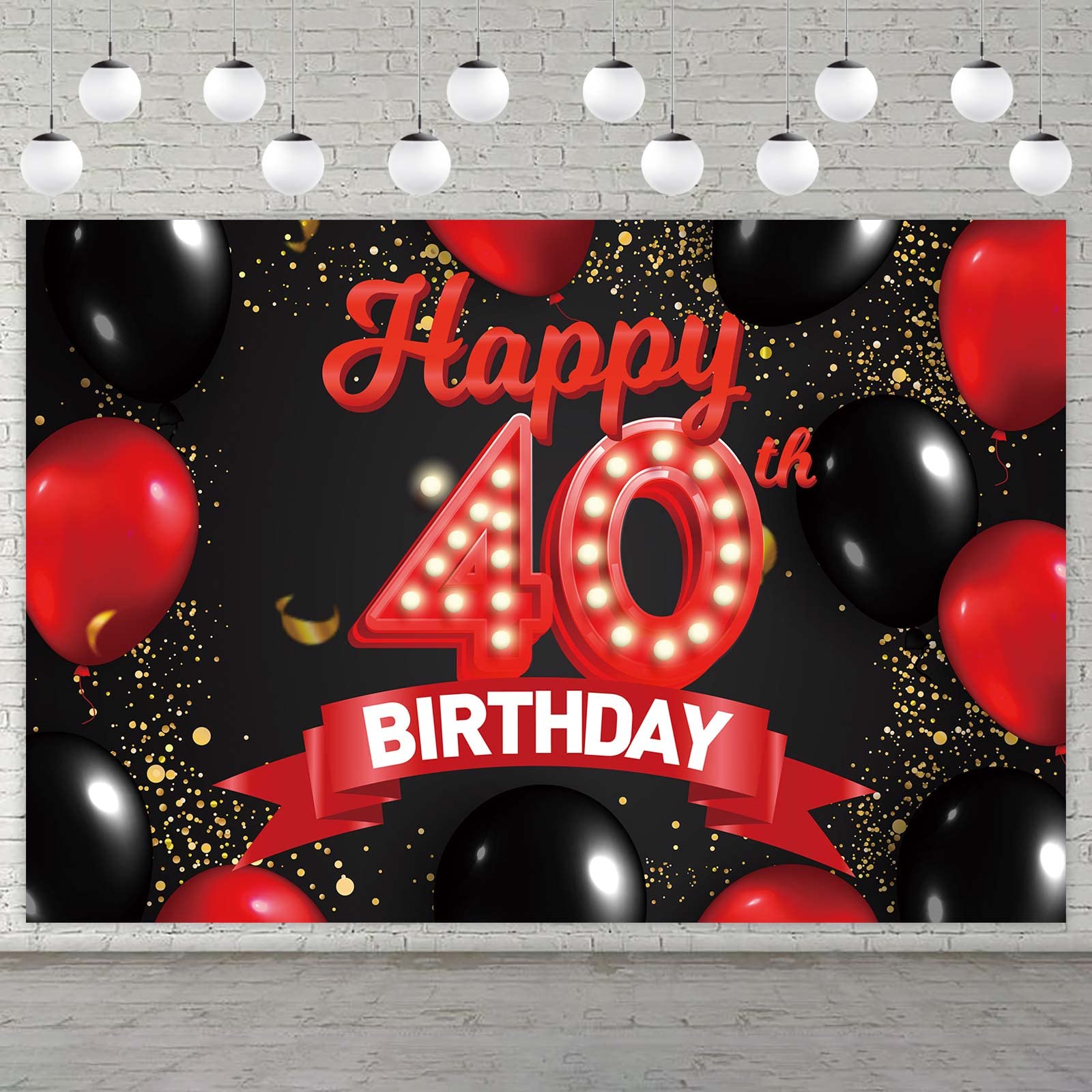 Happy 40Th Birthday Red And Black Banner Backdrop Decorations Balloons Theme Decor For Girls Women Princess 40 Years Old Birthda