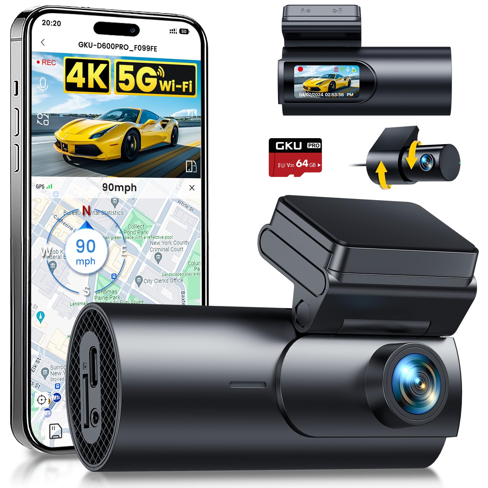 GKU 4K Dashcam Auto Vorne Hinten, 5G WiFi & GPS, Dual Dash Cam, 1.5    IPS Mini Auto Kamera mit 64GB SD Karte, Parkberwachung, S