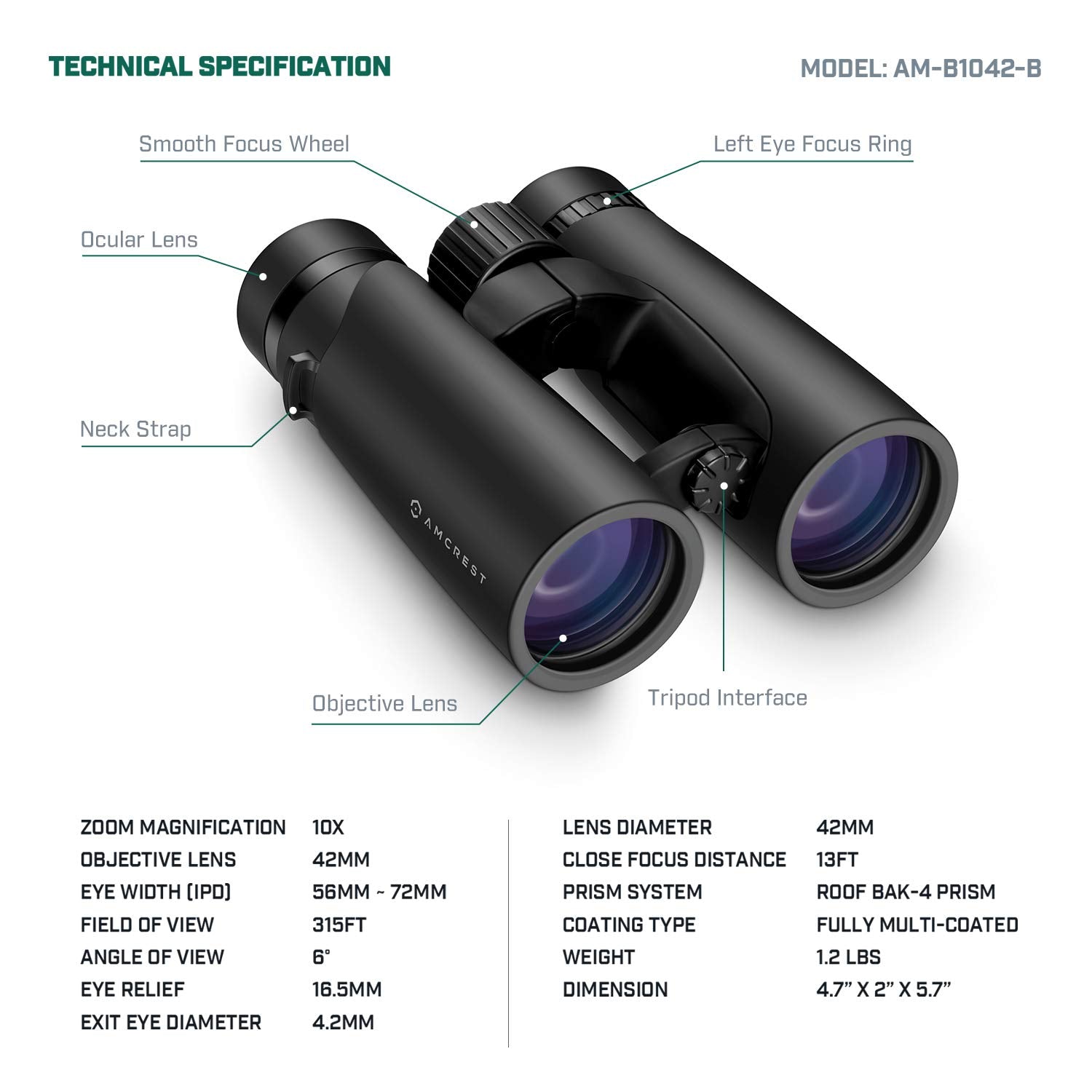 Amcrest 10X42 Roof Prism Binoculars For Adults, Hd Professional Binoculars For Bird Watching, Travel, Stargazing, Hunting, Conce