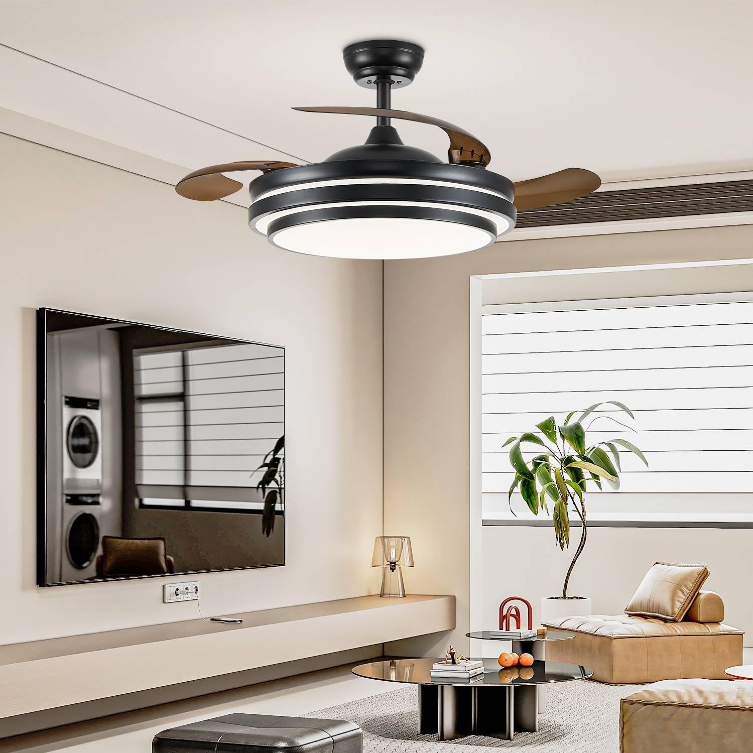 Fidgra 48 Inch Fandelier Ceiling Fan With Light, Retractable Ceiling Fan With Lights For Bedroom Living Room Dinning Room, Chand