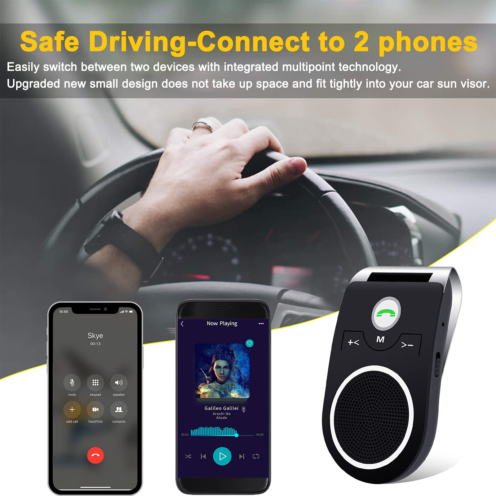 Handsfree Bluetooth For Cell Phone, Bluetooth 5.0 Car Speakerphone, Wireless Car Kit For Handsfree Talking, Support Siri Google