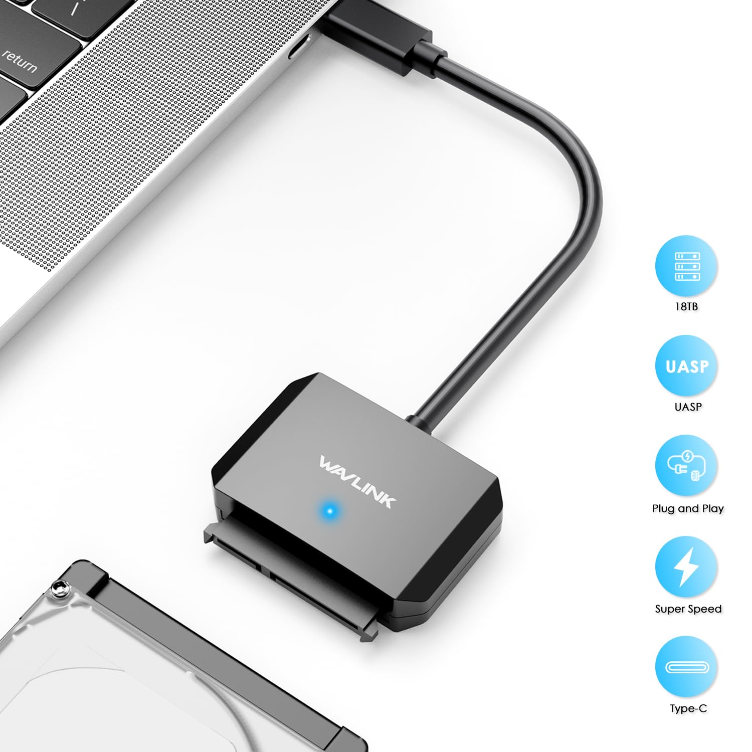 Wavlink Sata To Usb Type C Hard Drive Cable, 5Gbps Usb C To Sata Cable Support Uasp, External Hard Drive Sata I/Ii/Iii Connector