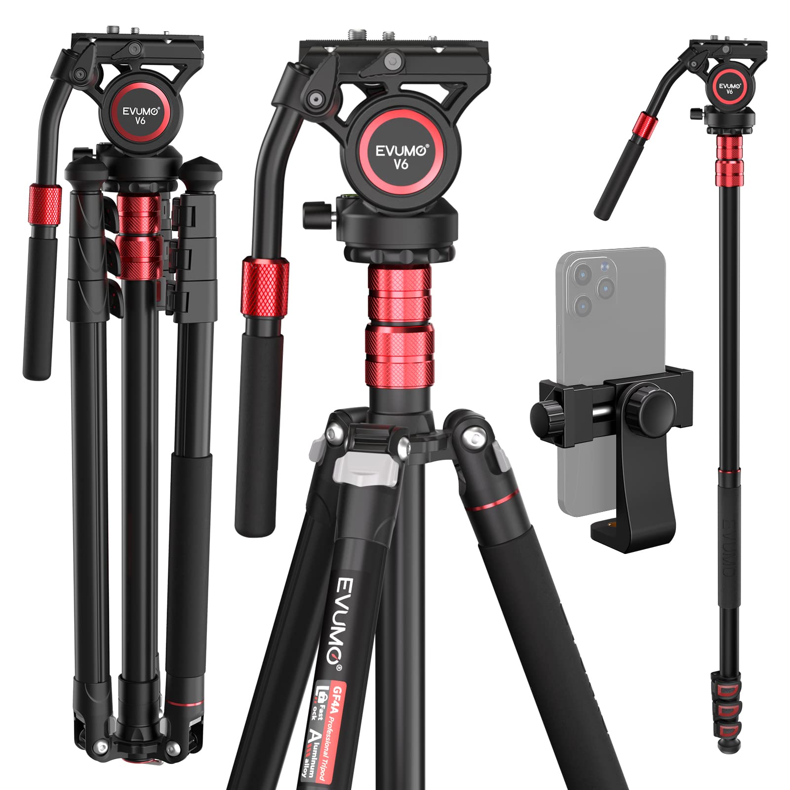 Evumo Gf4 Fluid Head Tripod With Phone Mount, 78'' Professional Aluminum Heavy Duty Camera Tripod Monopod, Compact Portable Trav
