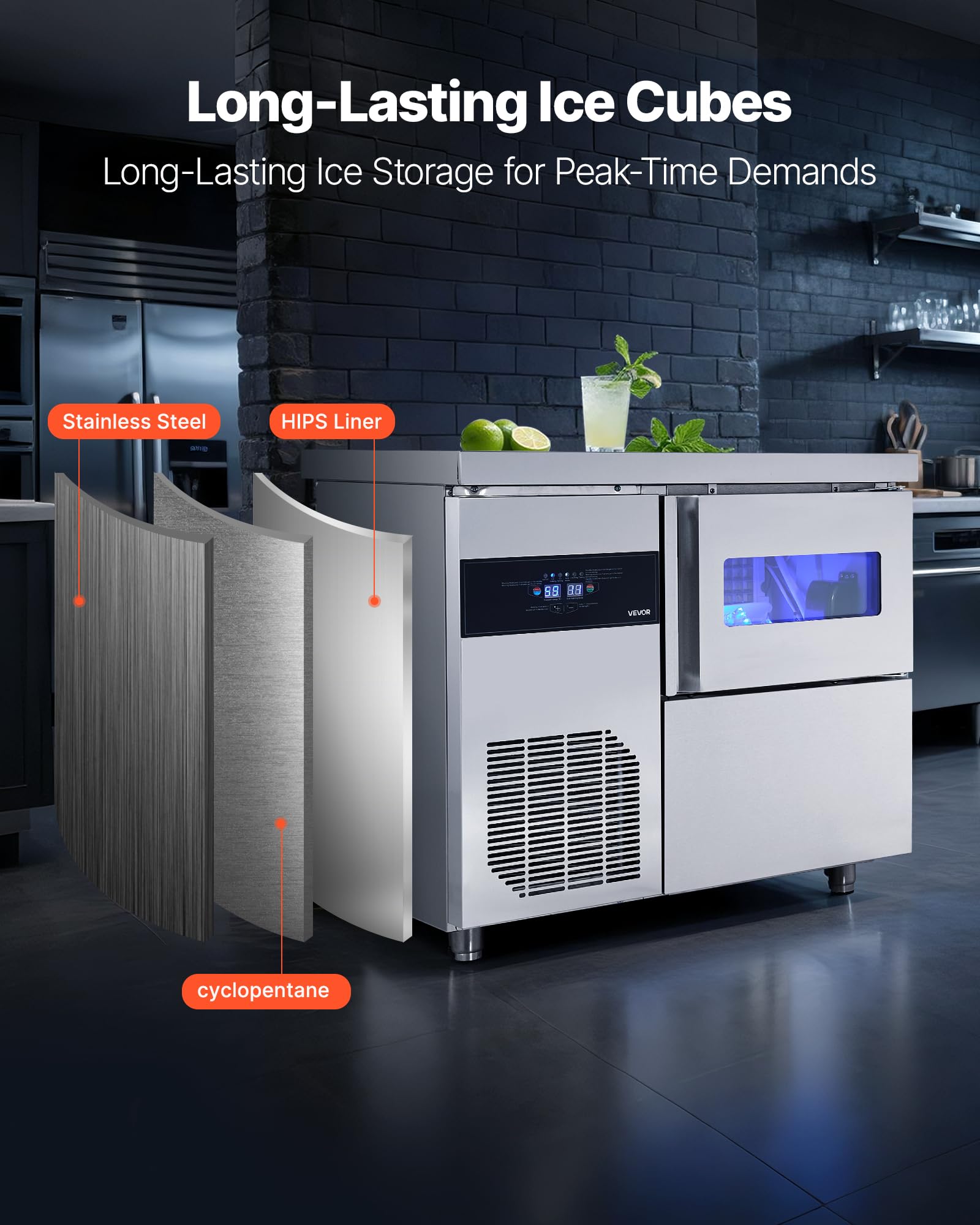 Vevor Commercial Ice Maker Machine, 132 Lbs/24H Stainless Steel Ice Machine With Worktop, 30 Lbs Storage & 70 Cubes/Cycle, Self-