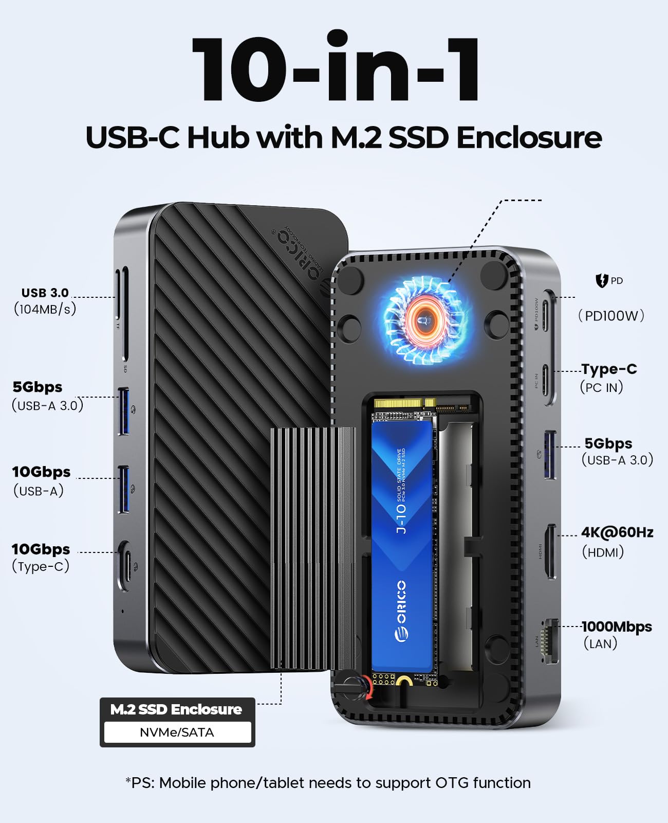 USB C Hub with M.2 SSD Enclosure, New Upgrade ORICO 10 in 1 USB C Docking Station with Built in fan, 10Gbps USB 3.2 Gen2 M.2 NVMe SSD Reader, Support 4K@60Hz HDMI, 100W PD, Ethernet, SD/TF   DPM2P9 V1
