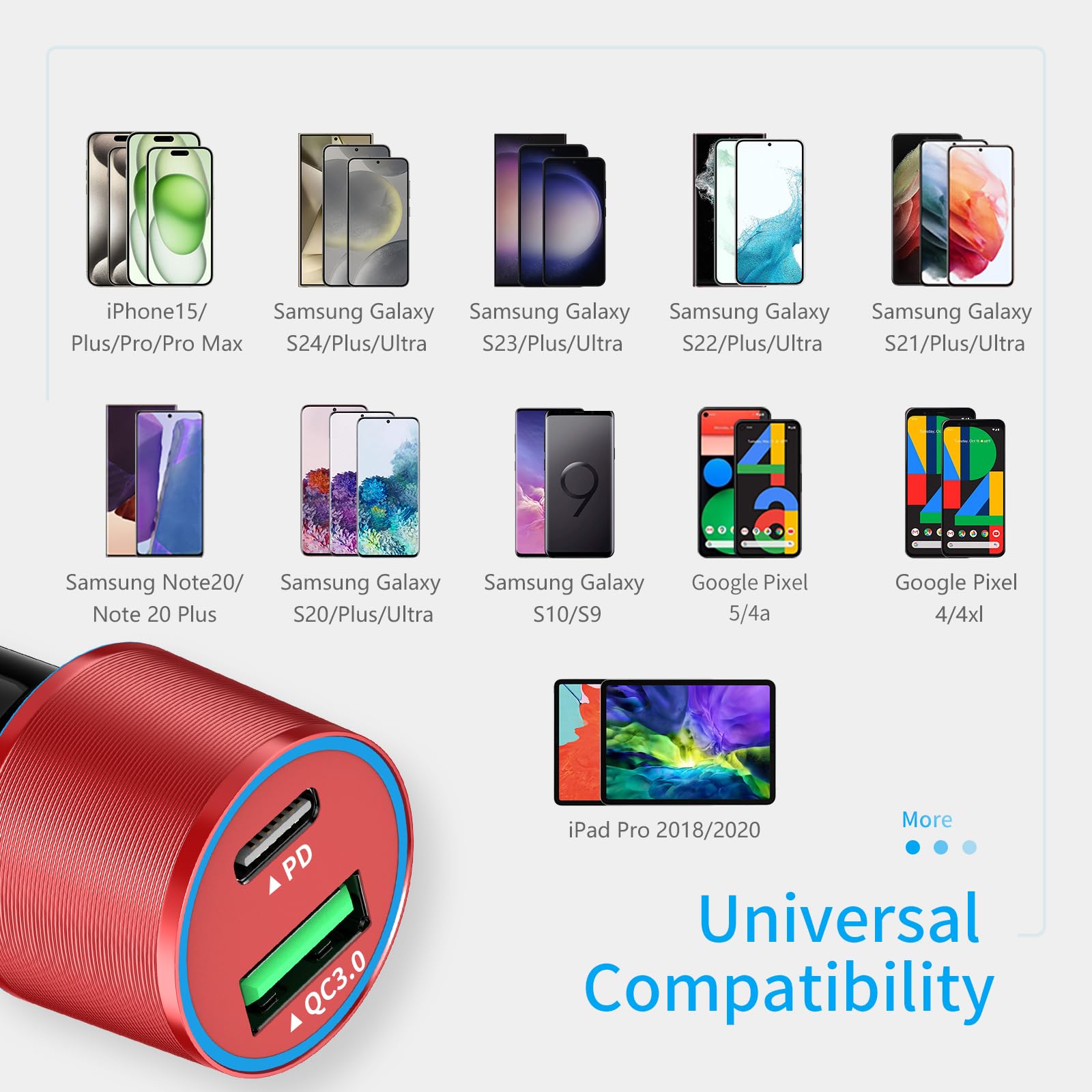 Meagoes Red Usb C Car Charger, 48W 2 Port Fast Charging Adapter With Pd&Qc3.0 Compatible For Iphone 16/15 Pro Max/Samsung Galaxy