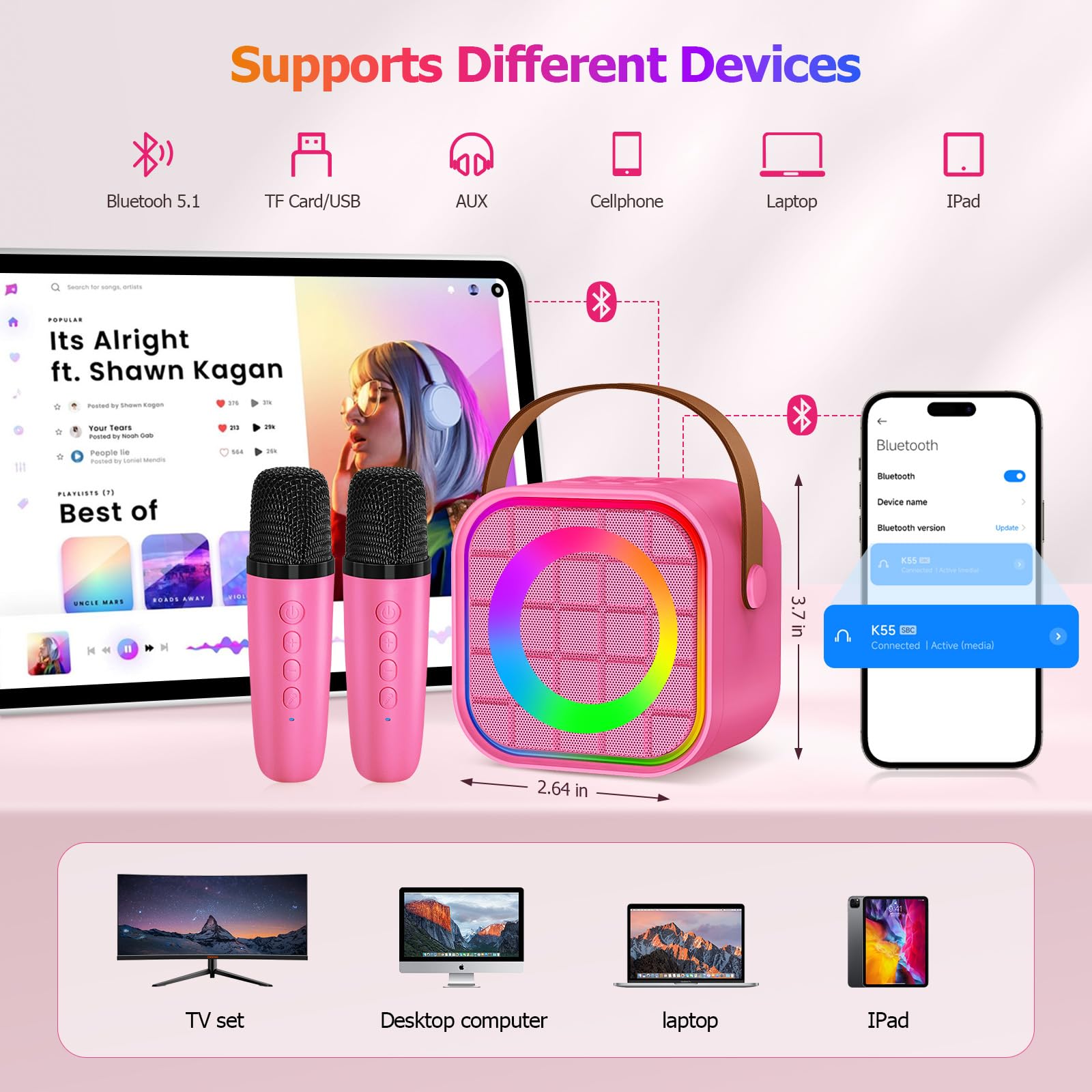 Ylyycc Mini Karaoke Machine With 2 Wireless Microphones For Kids Adults, Portable Bluetooth Singing Speaker Birthday Fun Gift Fo