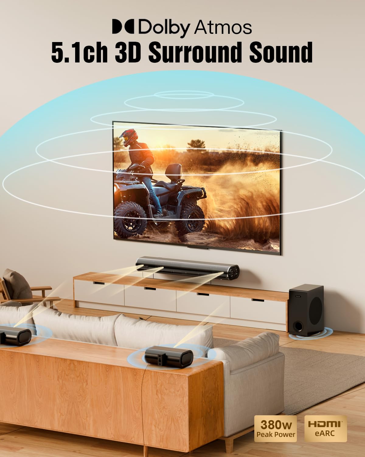Hiwill 5.1Ch Dolby Atmos Soundbar With 5.25'' Subwoofer, Clear Voice, Surround Sound System W/2 Wired Rear Speakers, 380W Peak P