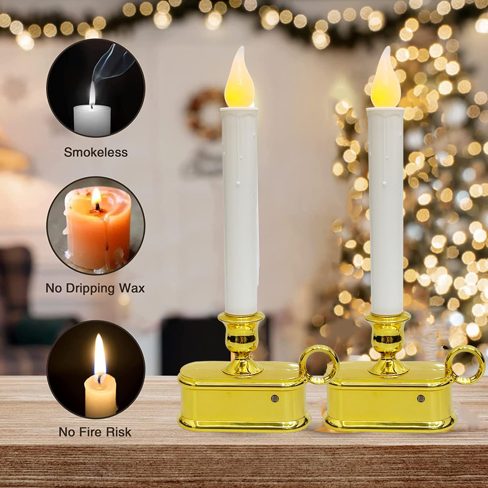 4 Pack 10 Inch Wireless Window Candle Lamps, Christmas Window Candle Light With Sensor, Flameless Flicker Led Lights And Gold Ba